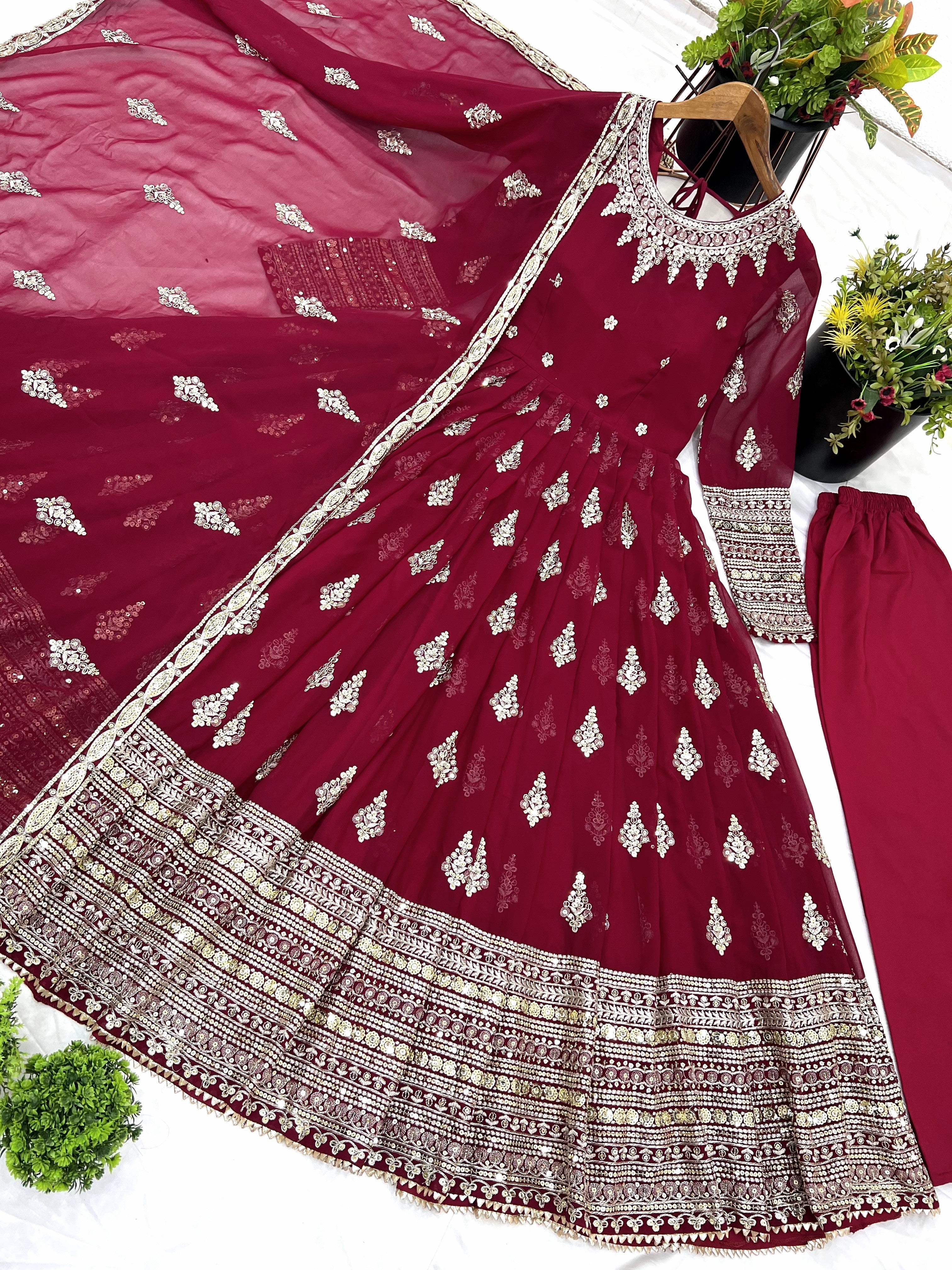 Sublime Maroon Faux Georgette Sequins Embroidered Anarkali Suit - ETHNICDEAL
