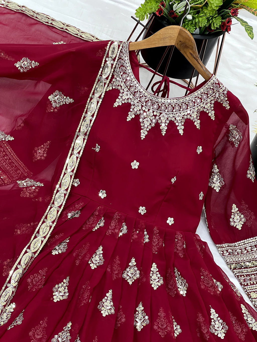 Sublime Maroon Faux Georgette Sequins Embroidered Anarkali Suit - ETHNICDEAL