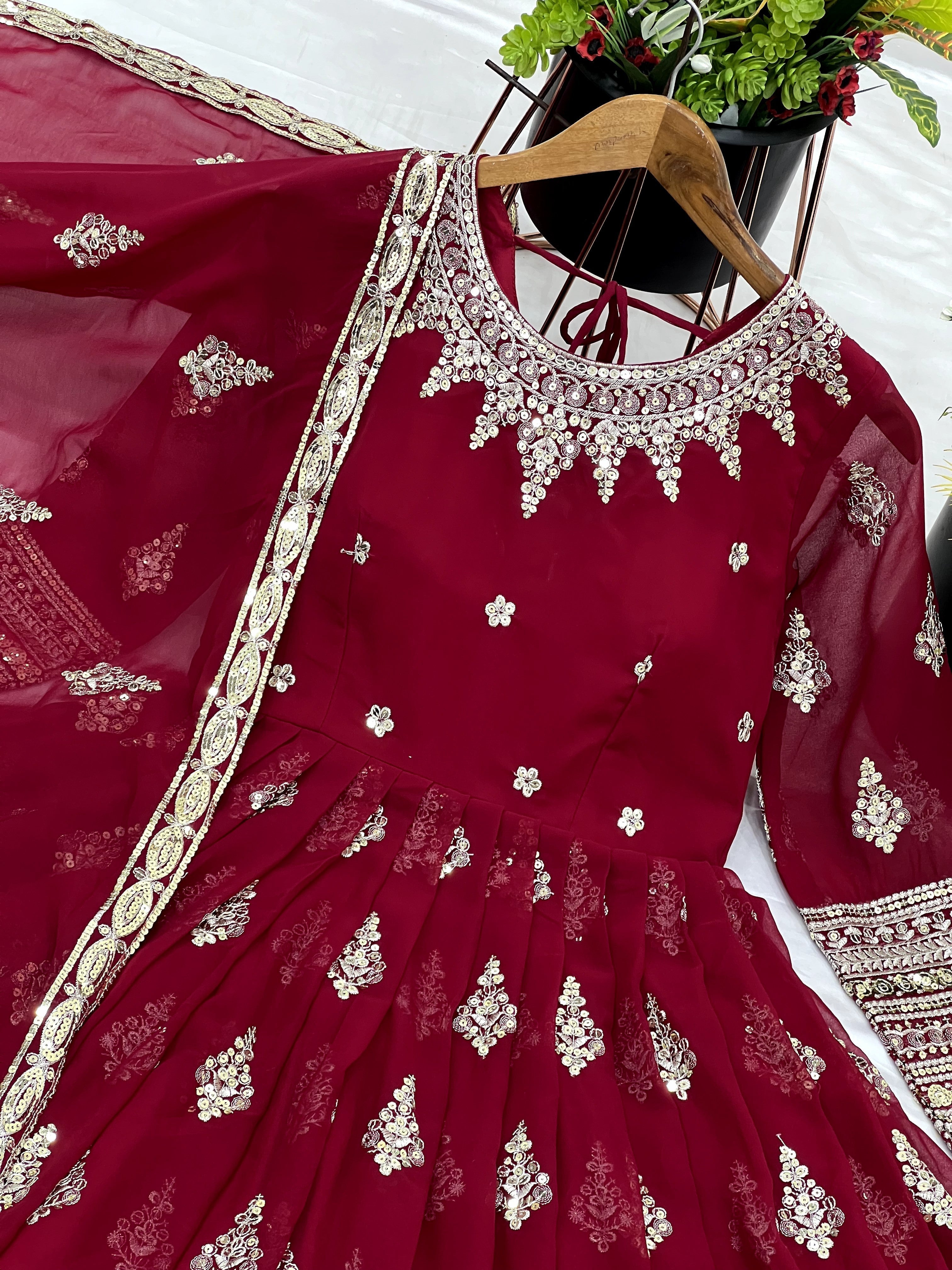 Sublime Maroon Faux Georgette Sequins Embroidered Anarkali Suit - ETHNICDEAL