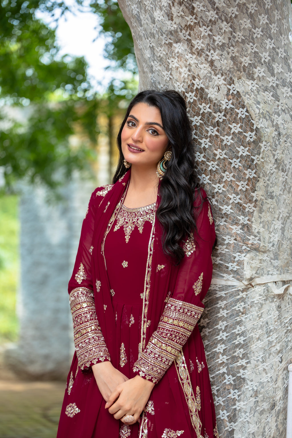 Sublime Maroon Faux Georgette Sequins Embroidered Anarkali Suit - ETHNICDEAL