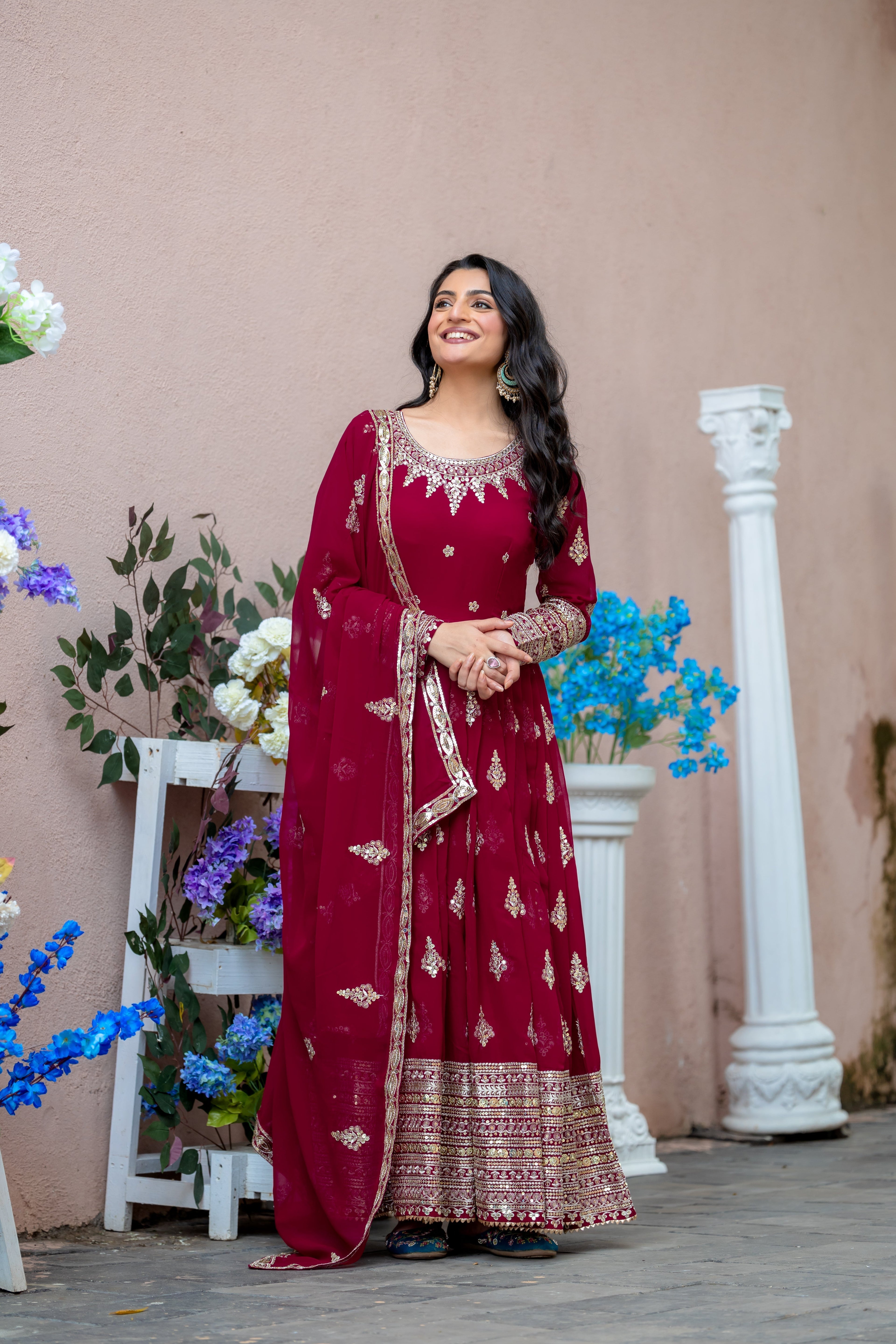 Sublime Maroon Faux Georgette Sequins Embroidered Anarkali Suit - ETHNICDEAL