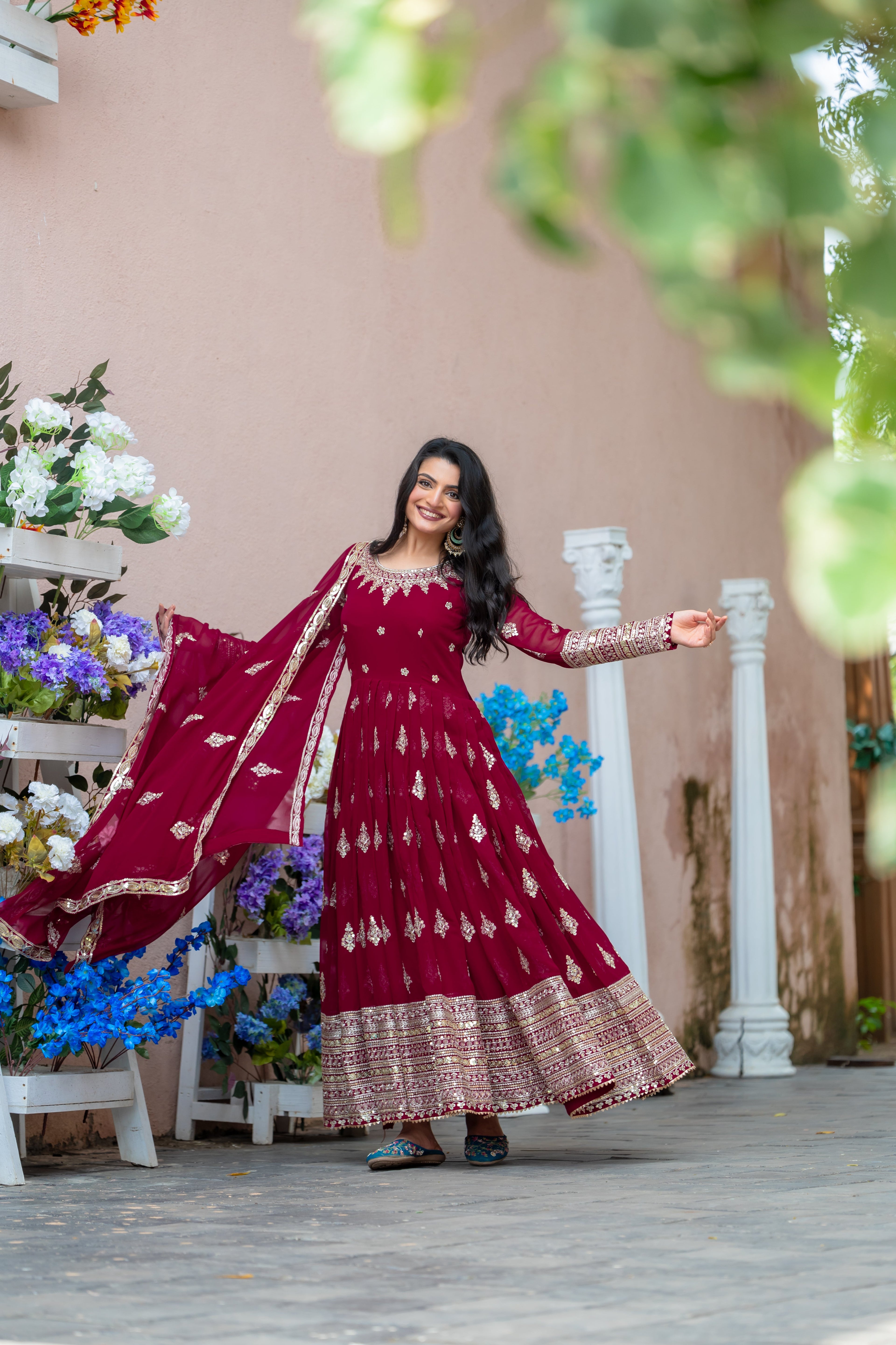 Sublime Maroon Faux Georgette Sequins Embroidered Anarkali Suit - ETHNICDEAL
