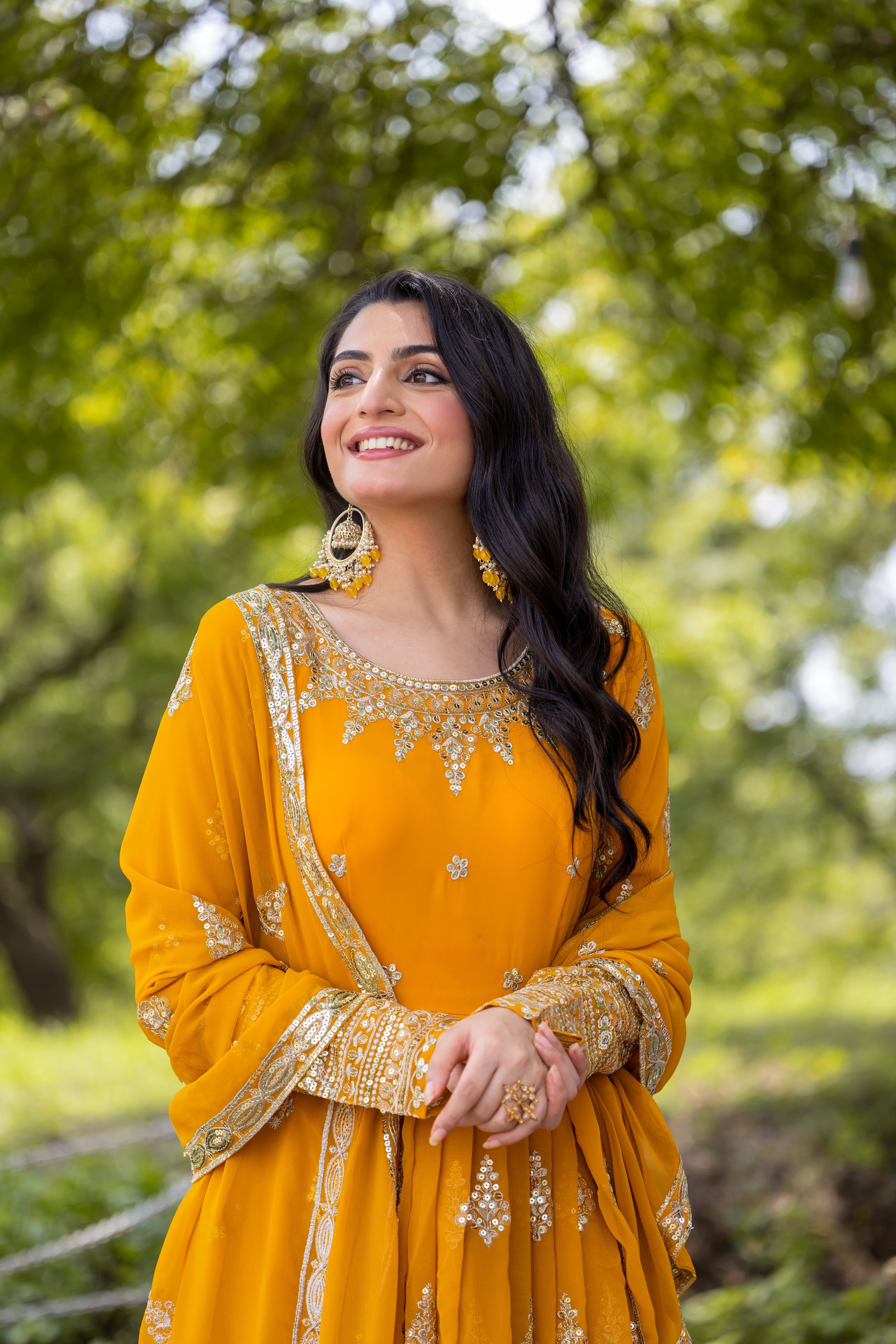 Luminous Mustard Yellow Faux Georgette Sequins Embroidered Anarkali Suit - ETHNICDEAL
