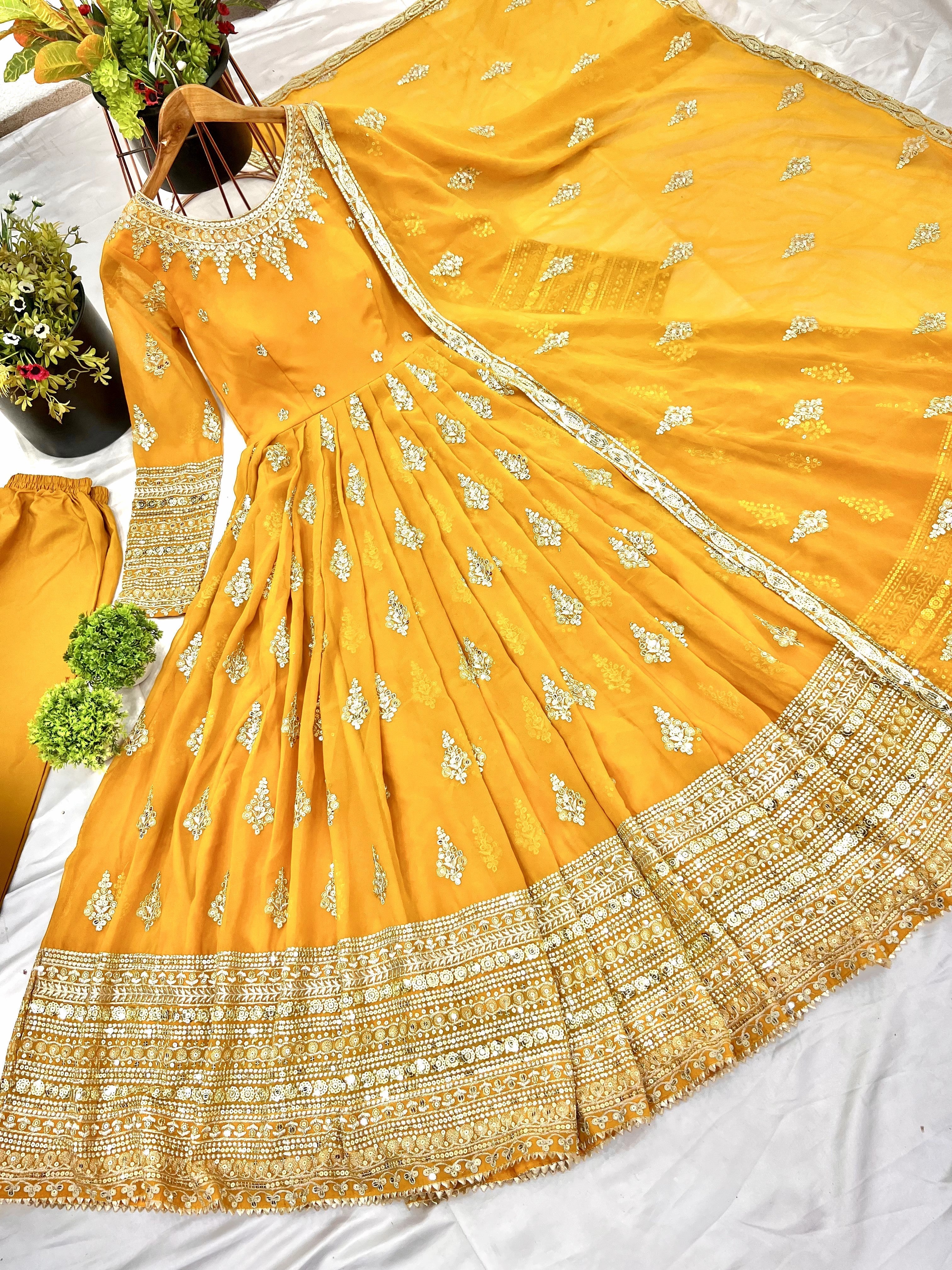 Luminous Mustard Yellow Faux Georgette Sequins Embroidered Anarkali Suit - ETHNICDEAL