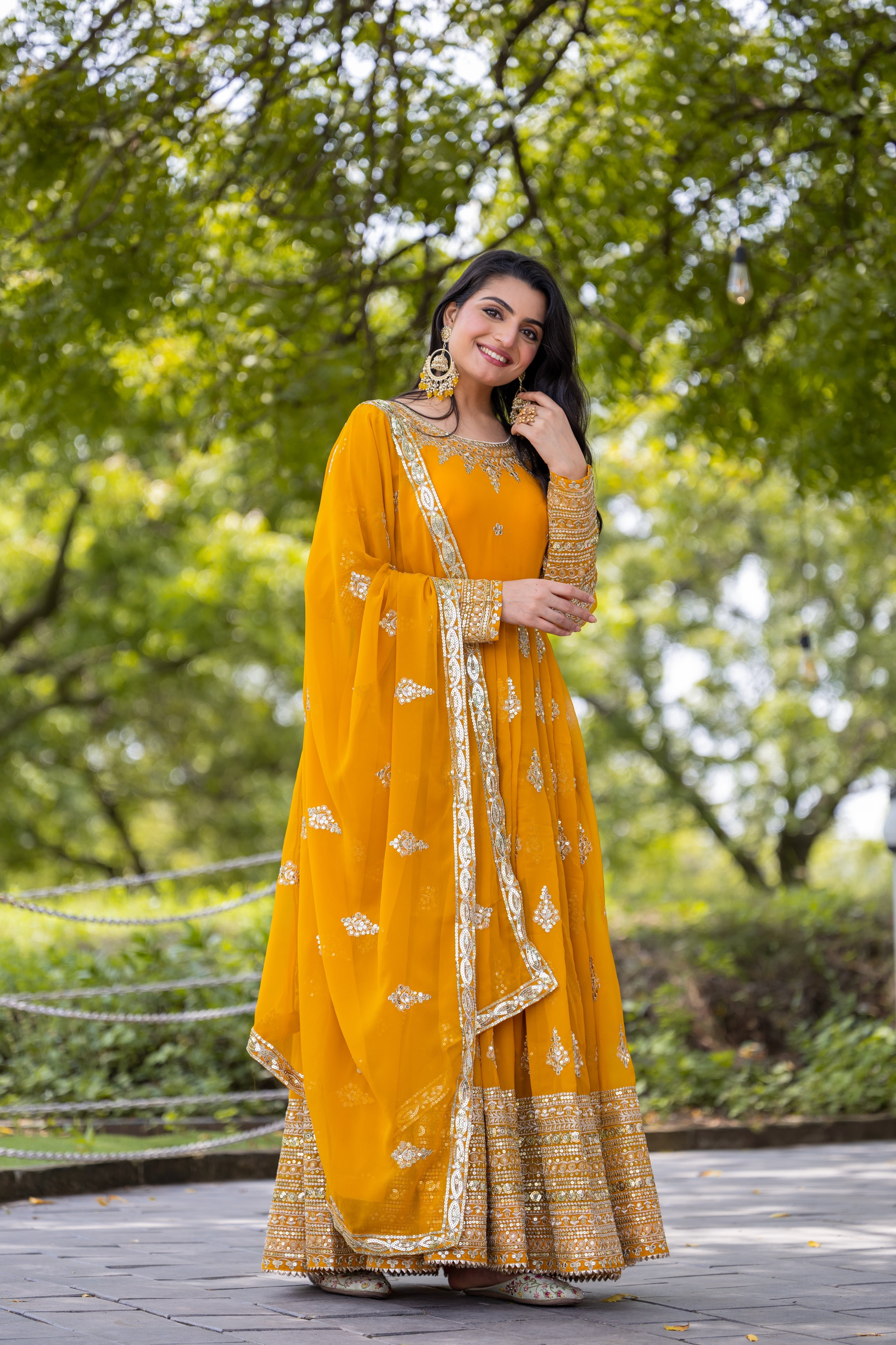 Luminous Mustard Yellow Faux Georgette Sequins Embroidered Anarkali Suit - ETHNICDEAL