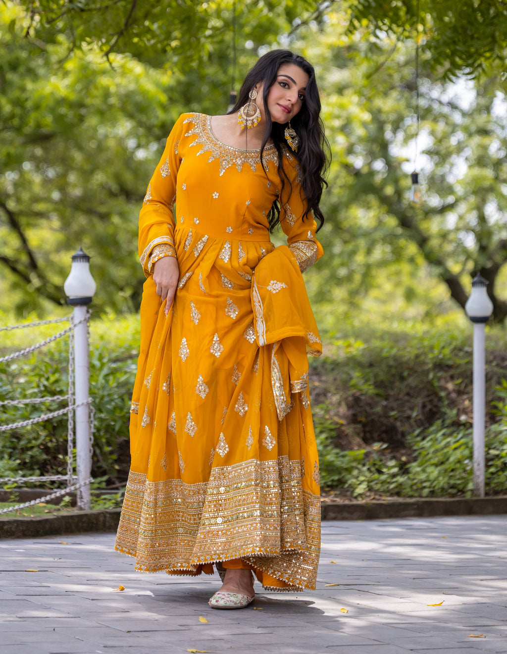 Luminous Mustard Yellow Faux Georgette Sequins Embroidered Anarkali Suit - ETHNICDEAL