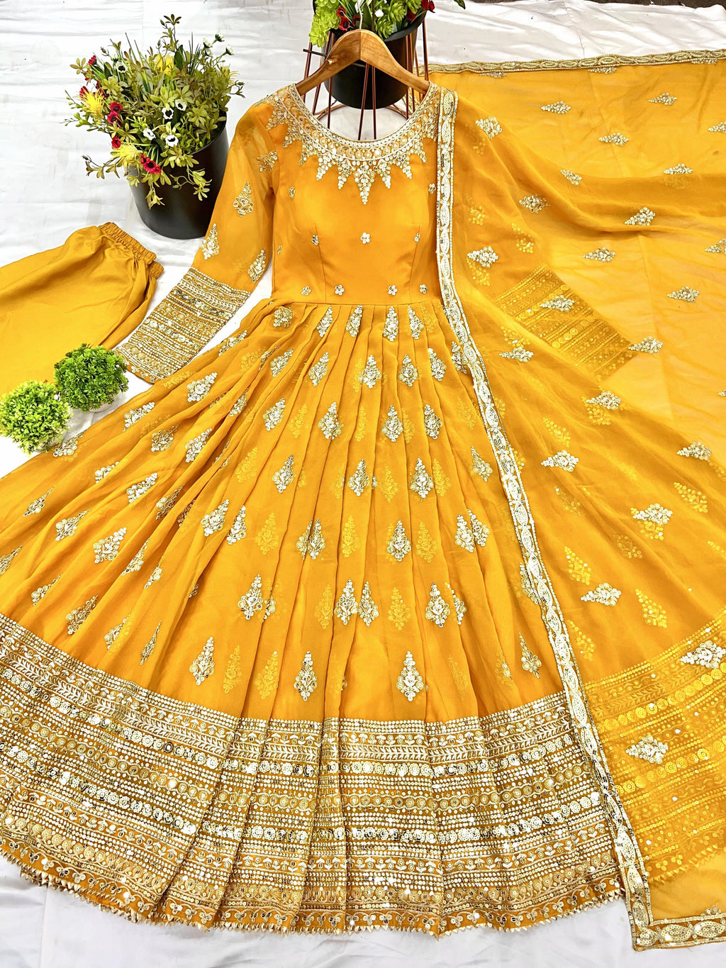 Luminous Mustard Yellow Faux Georgette Sequins Embroidered Anarkali Suit - ETHNICDEAL