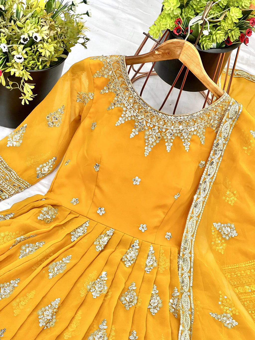 Luminous Mustard Yellow Faux Georgette Sequins Embroidered Anarkali Suit - ETHNICDEAL