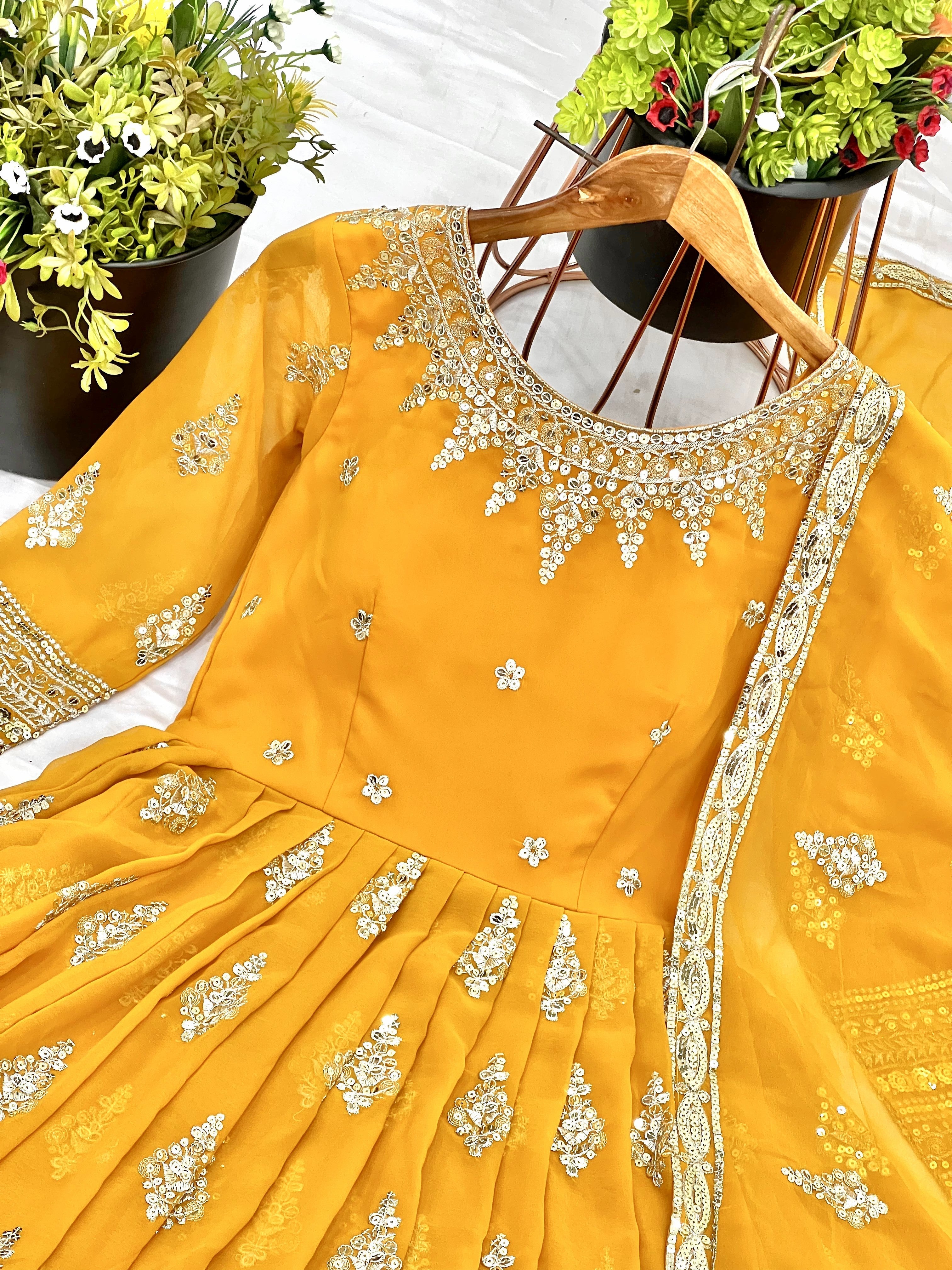 Luminous Mustard Yellow Faux Georgette Sequins Embroidered Anarkali Suit - ETHNICDEAL