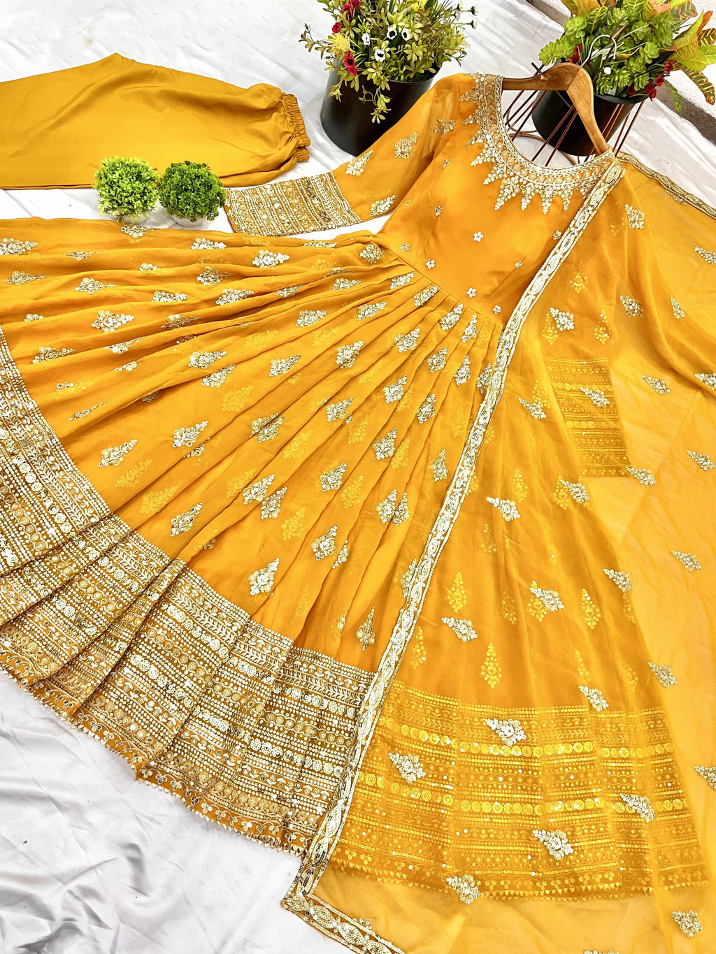 Luminous Mustard Yellow Faux Georgette Sequins Embroidered Anarkali Suit - ETHNICDEAL