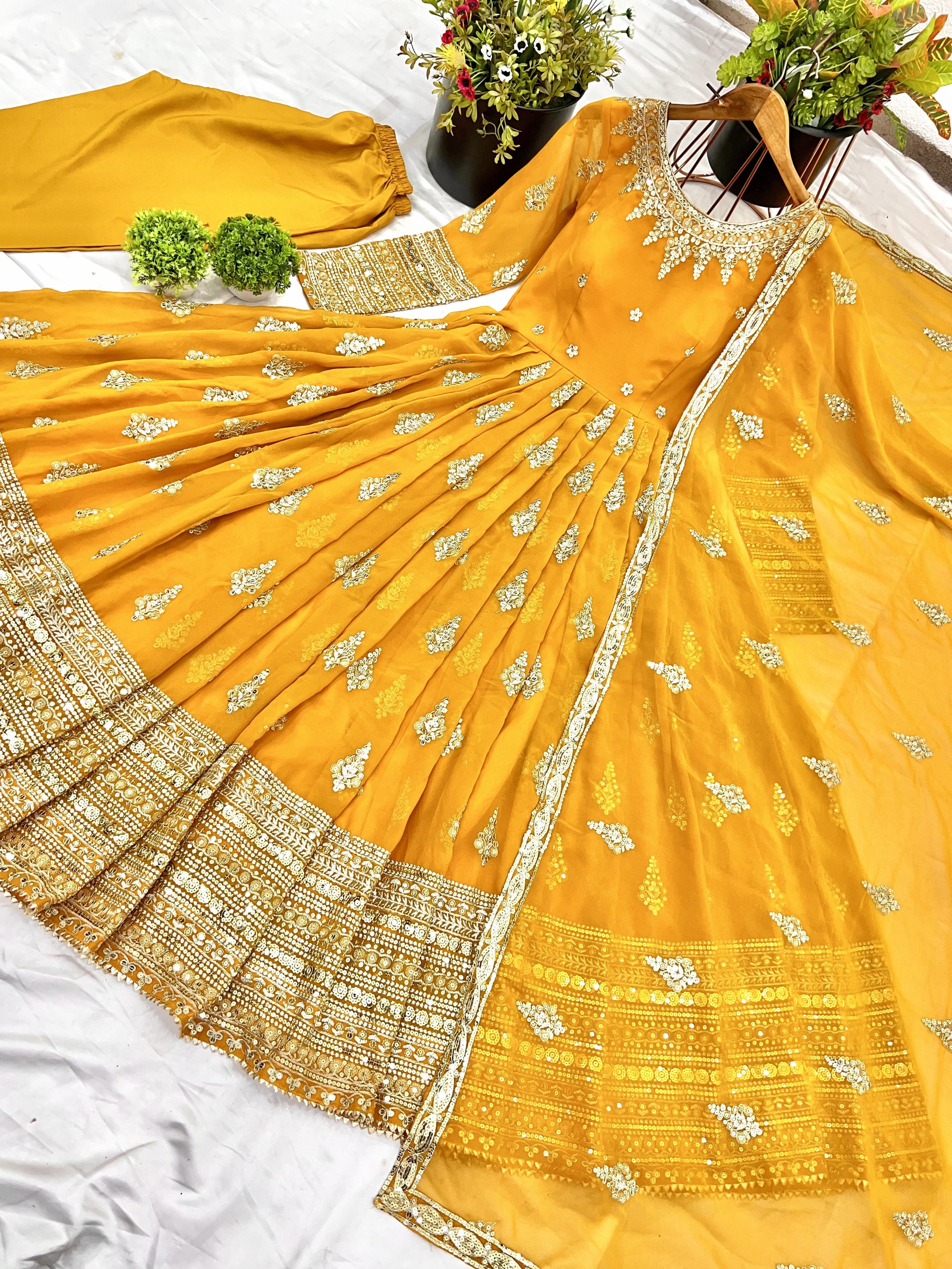 Luminous Mustard Yellow Faux Georgette Sequins Embroidered Anarkali Suit - ETHNICDEAL