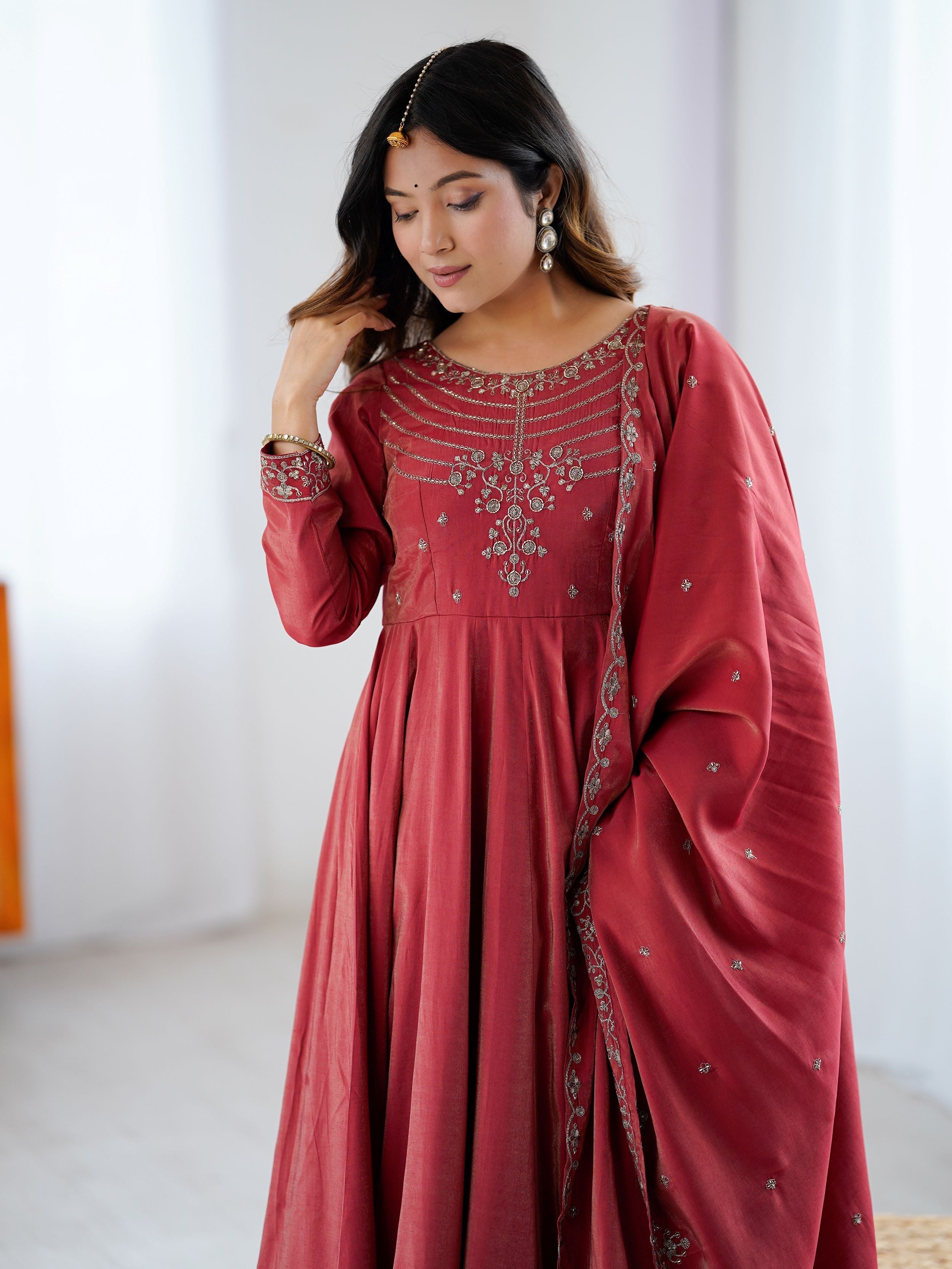 Timeless Maroon Chanderi Silk Embroidered Party Wear Anarkali Suit