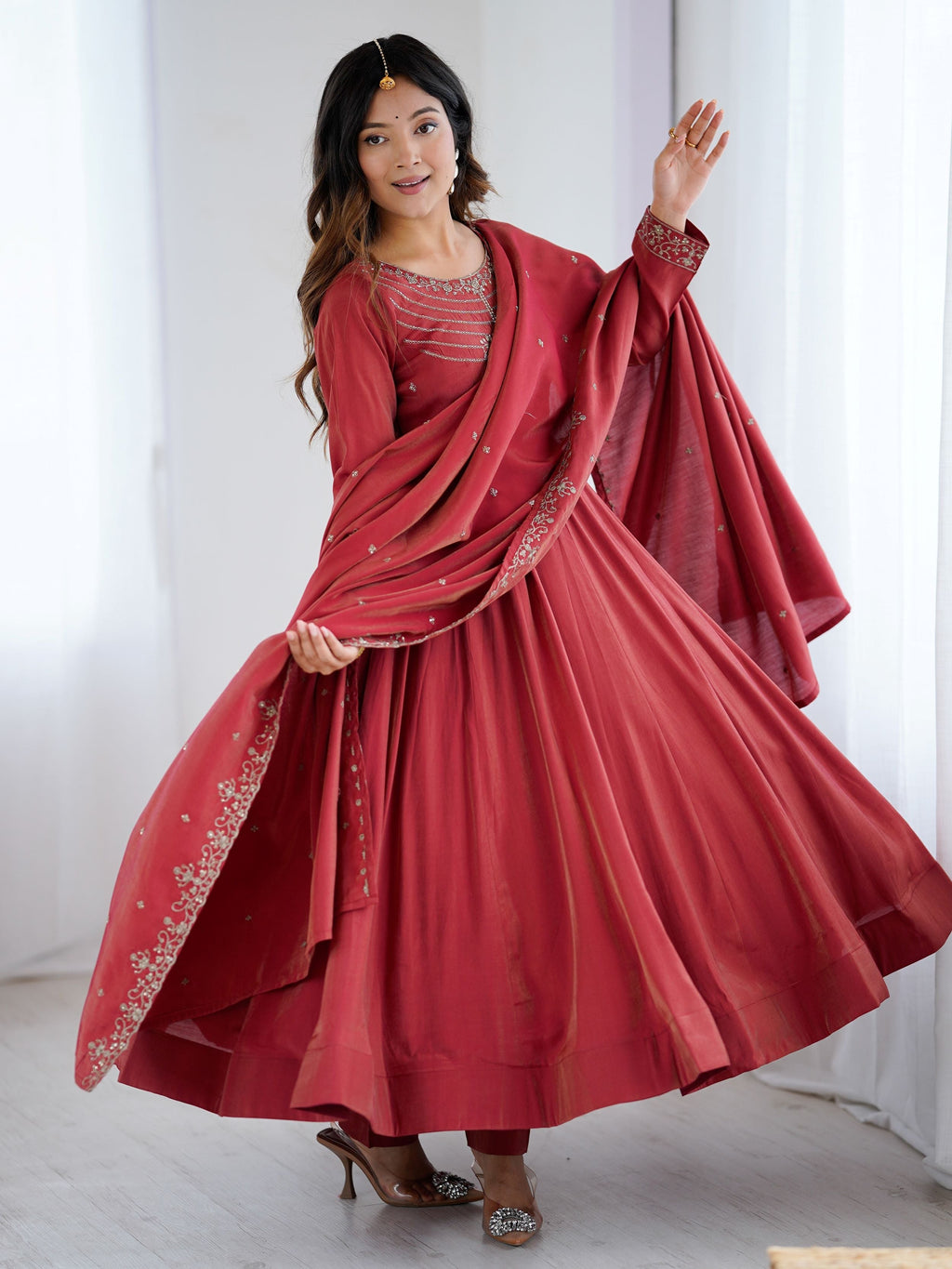 Timeless Maroon Chanderi Silk Embroidered Party Wear Anarkali Suit