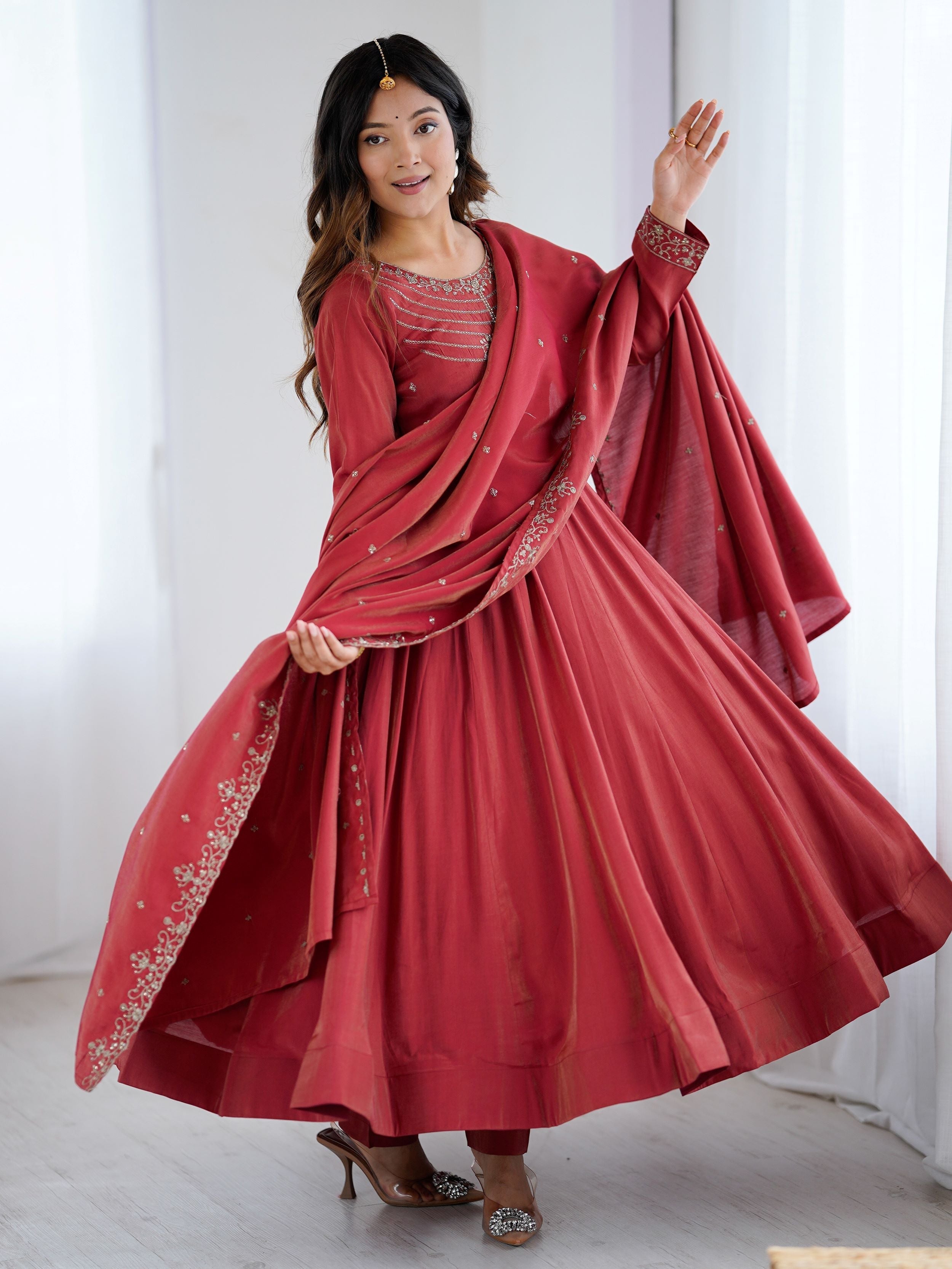 Timeless Maroon Chanderi Silk Embroidered Party Wear Anarkali Suit