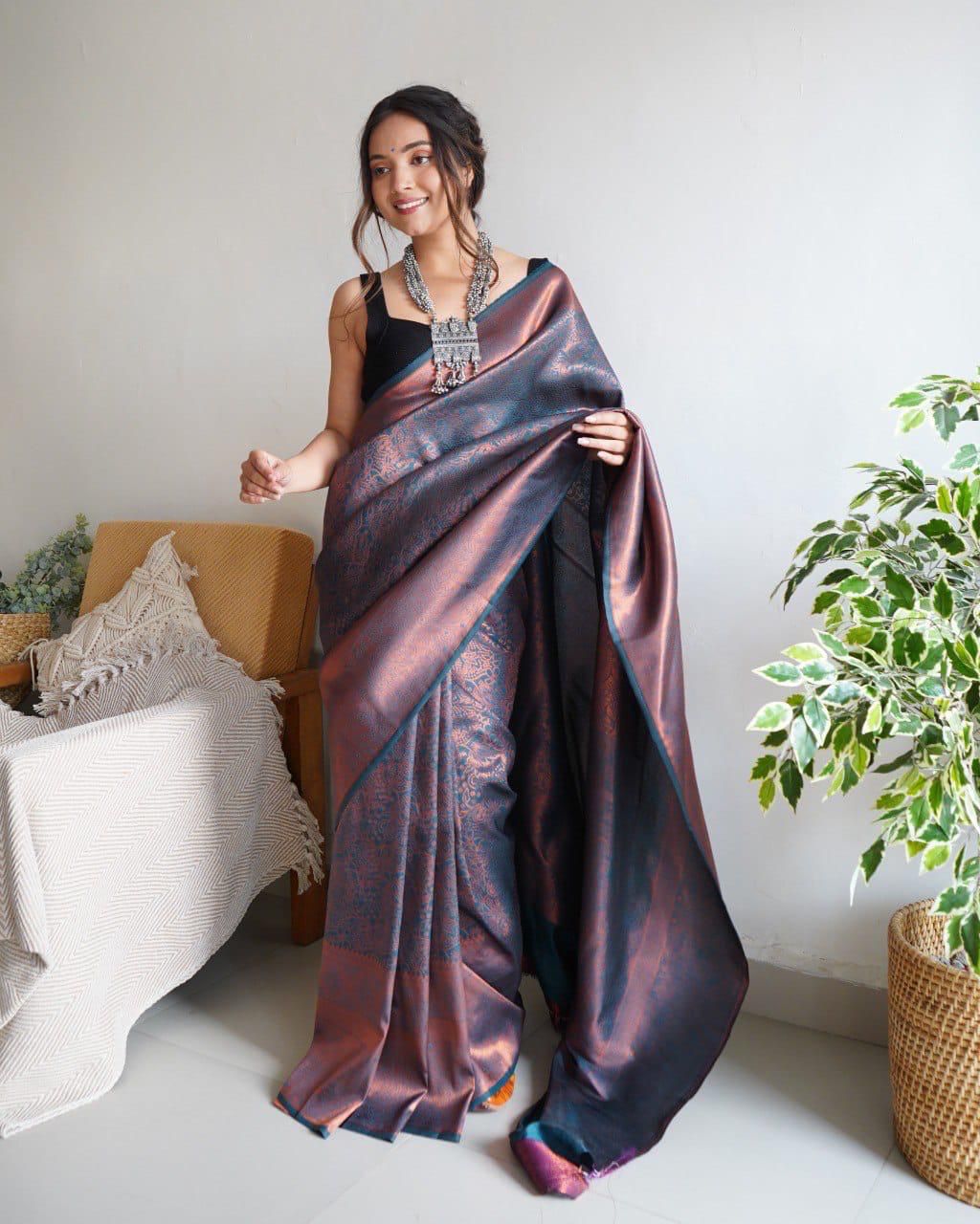 Lovely Soft Silk With Intricate Copper Zari Weaving Worked Saree - Ethnicwish