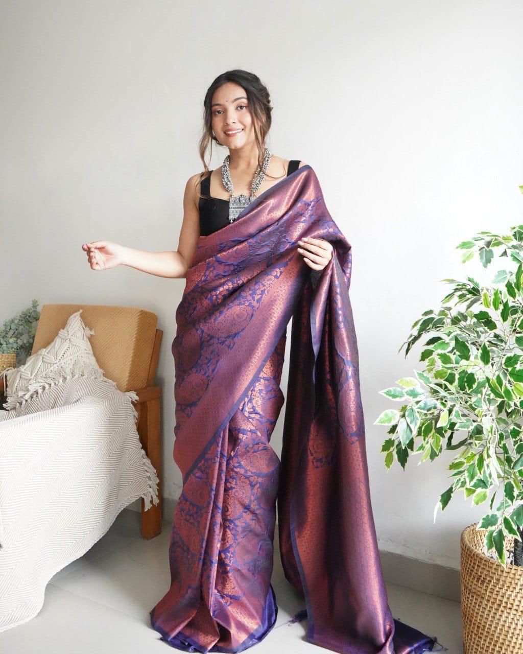 Lovely Soft Silk With Intricate Copper Zari Weaving Worked Saree - Ethnicwish