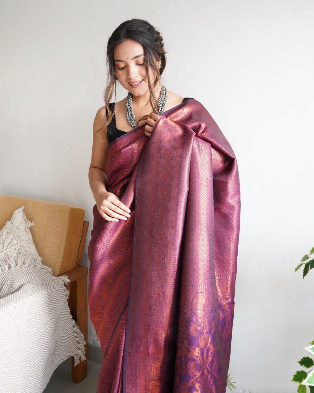 Lovely Soft Silk With Intricate Copper Zari Weaving Worked Saree - Ethnicwish