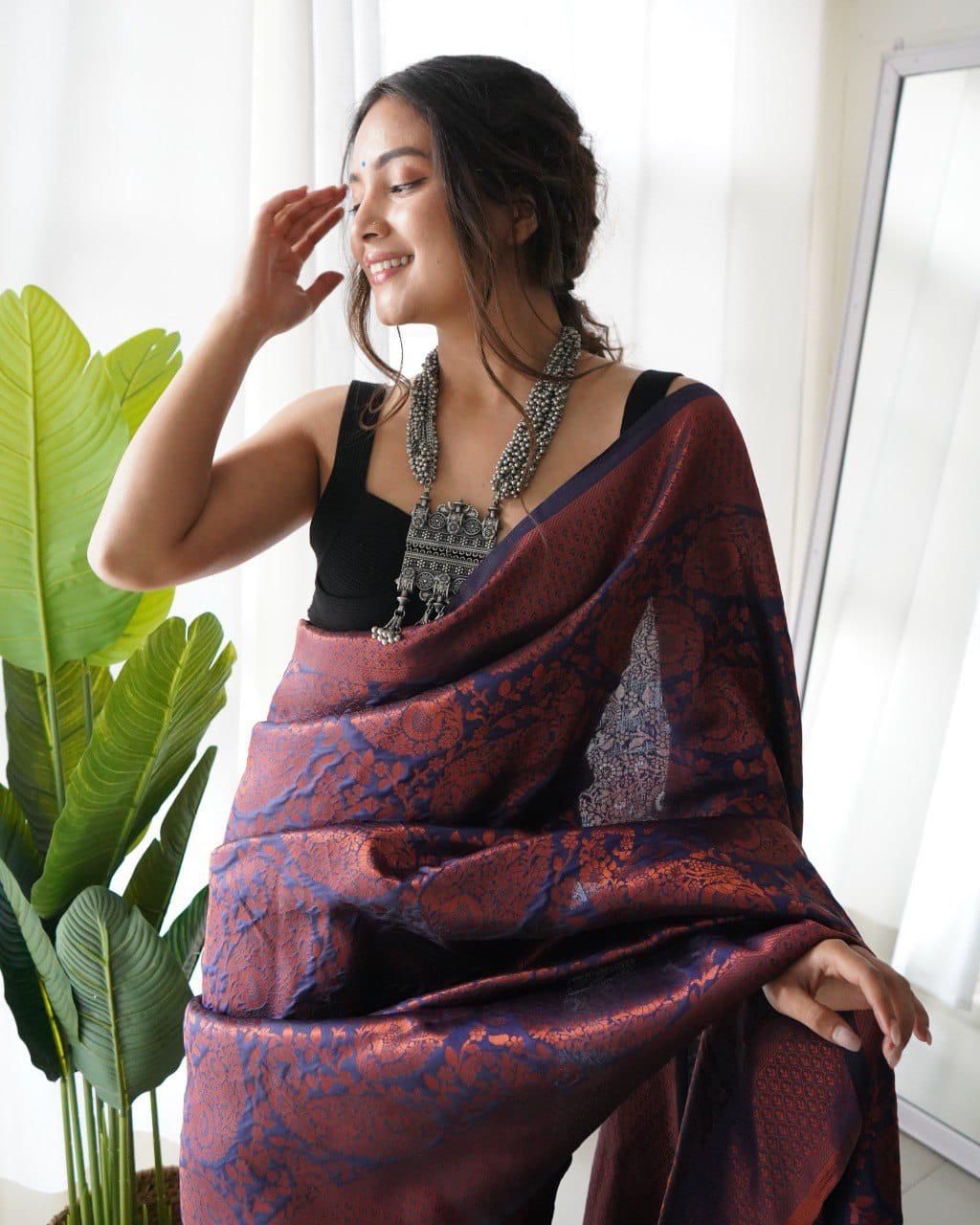 Lovely Soft Silk With Intricate Copper Zari Weaving Worked Saree - Ethnicwish