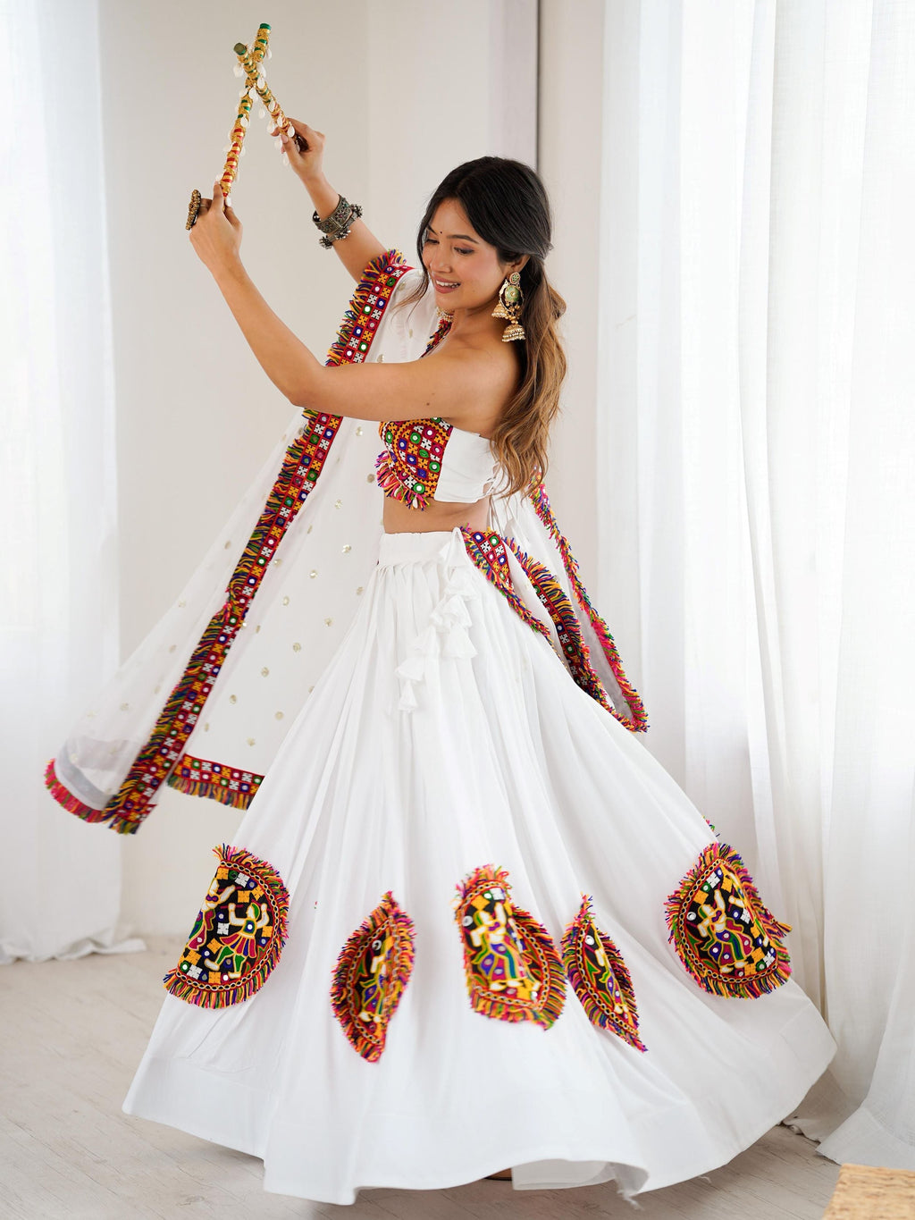 Desirable White Rayon Gamthi Work Navratri Special Lehenga Choli