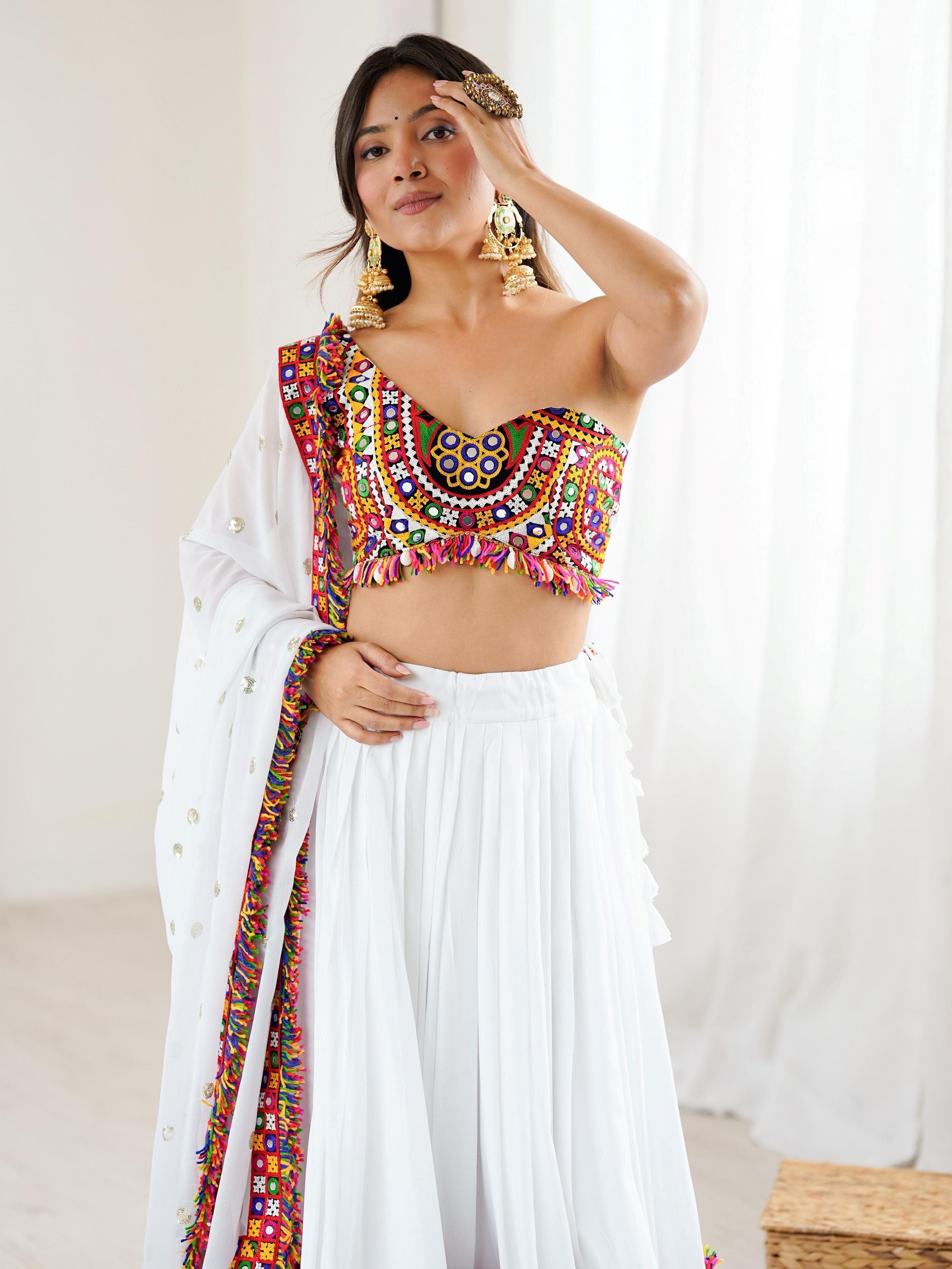 Desirable White Rayon Gamthi Work Navratri Special Lehenga Choli