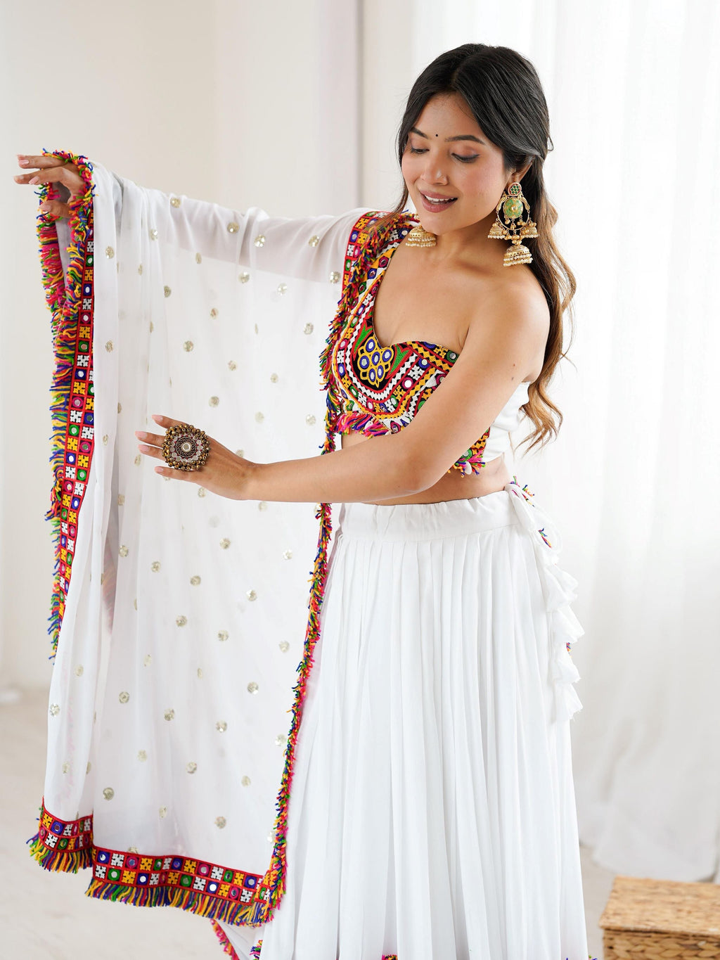 Desirable White Rayon Gamthi Work Navratri Special Lehenga Choli