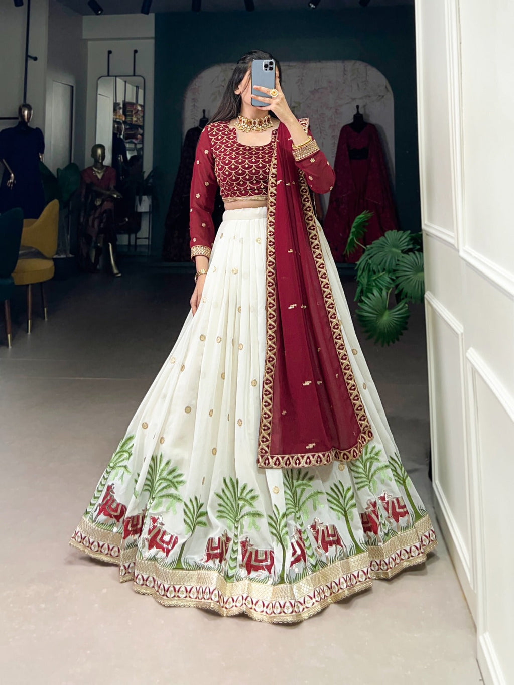 Spectacular White Georgette Sequins Thread Worked Lehenga Choli - Ethnicwish