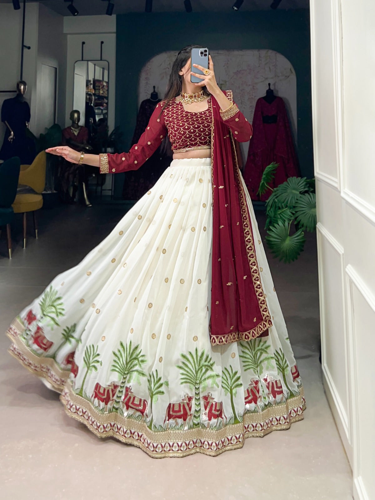 Spectacular White Georgette Sequins Thread Worked Lehenga Choli - Ethnicwish