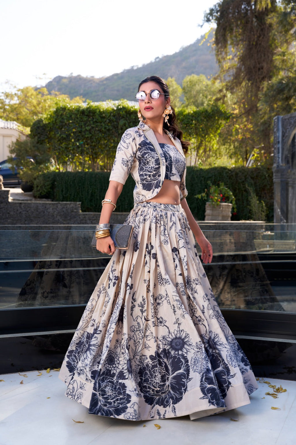 Exquisite Tussar Silk Floral Printed Lehenga Choli  Koti Set - ETHNICDEAL