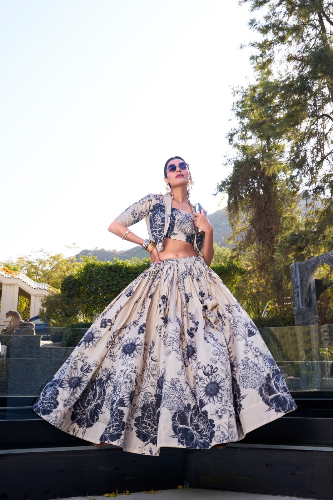 Exquisite Tussar Silk Floral Printed Lehenga Choli  Koti Set - ETHNICDEAL