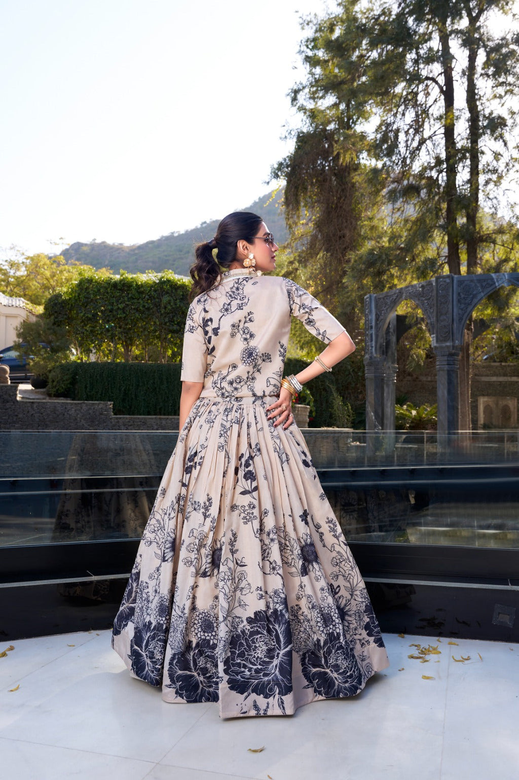 Exquisite Tussar Silk Floral Printed Lehenga Choli  Koti Set - ETHNICDEAL