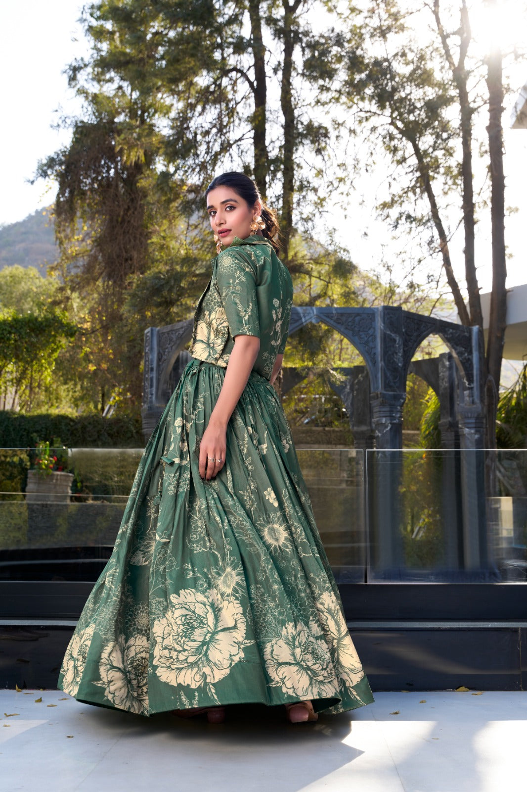 Exquisite Tussar Silk Floral Printed Lehenga Choli  Koti Set - ETHNICDEAL