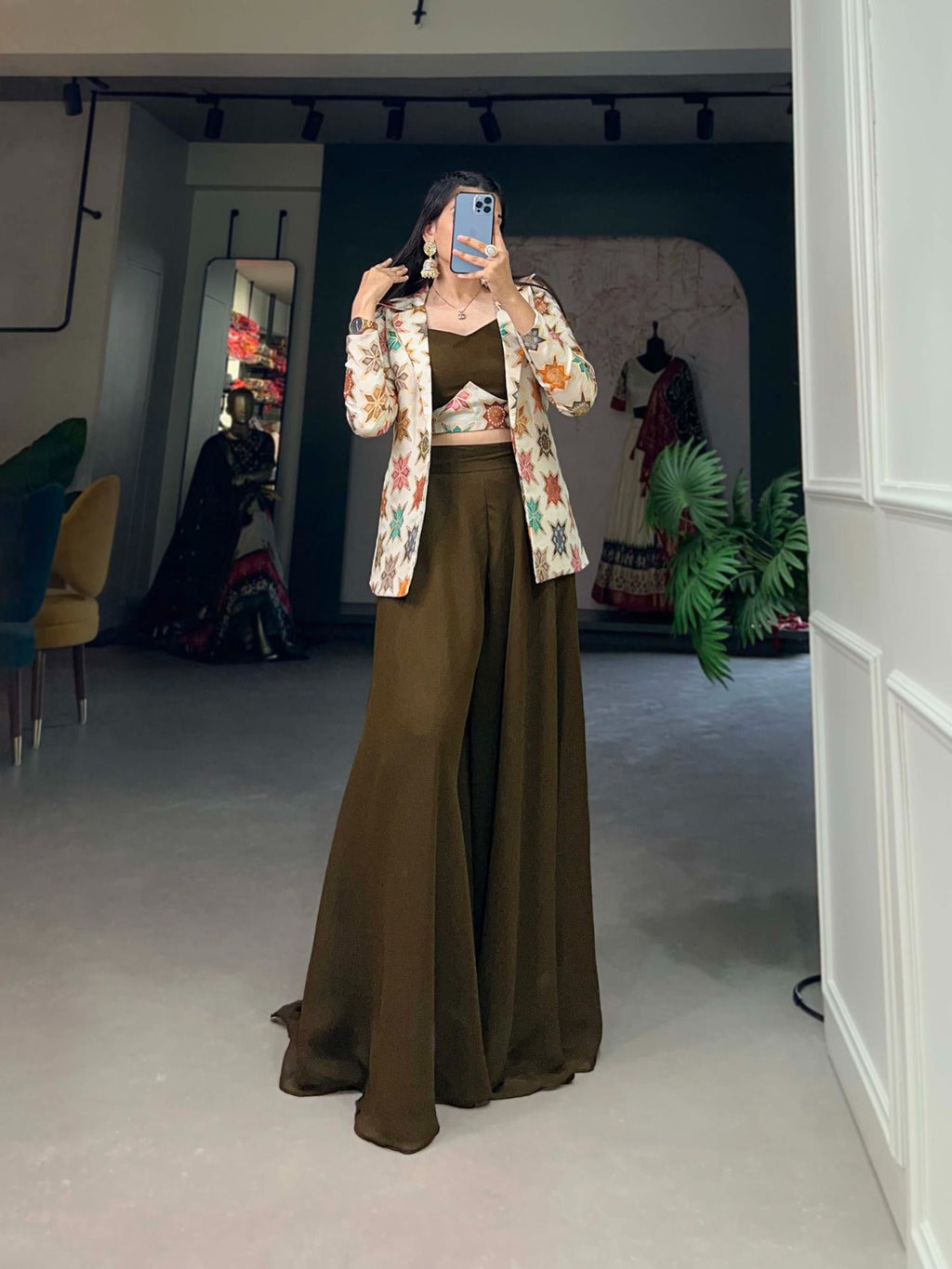 Breathtaking Mehendi Green Georgette Blouse Koti Palazzo Set - Ethnicwish