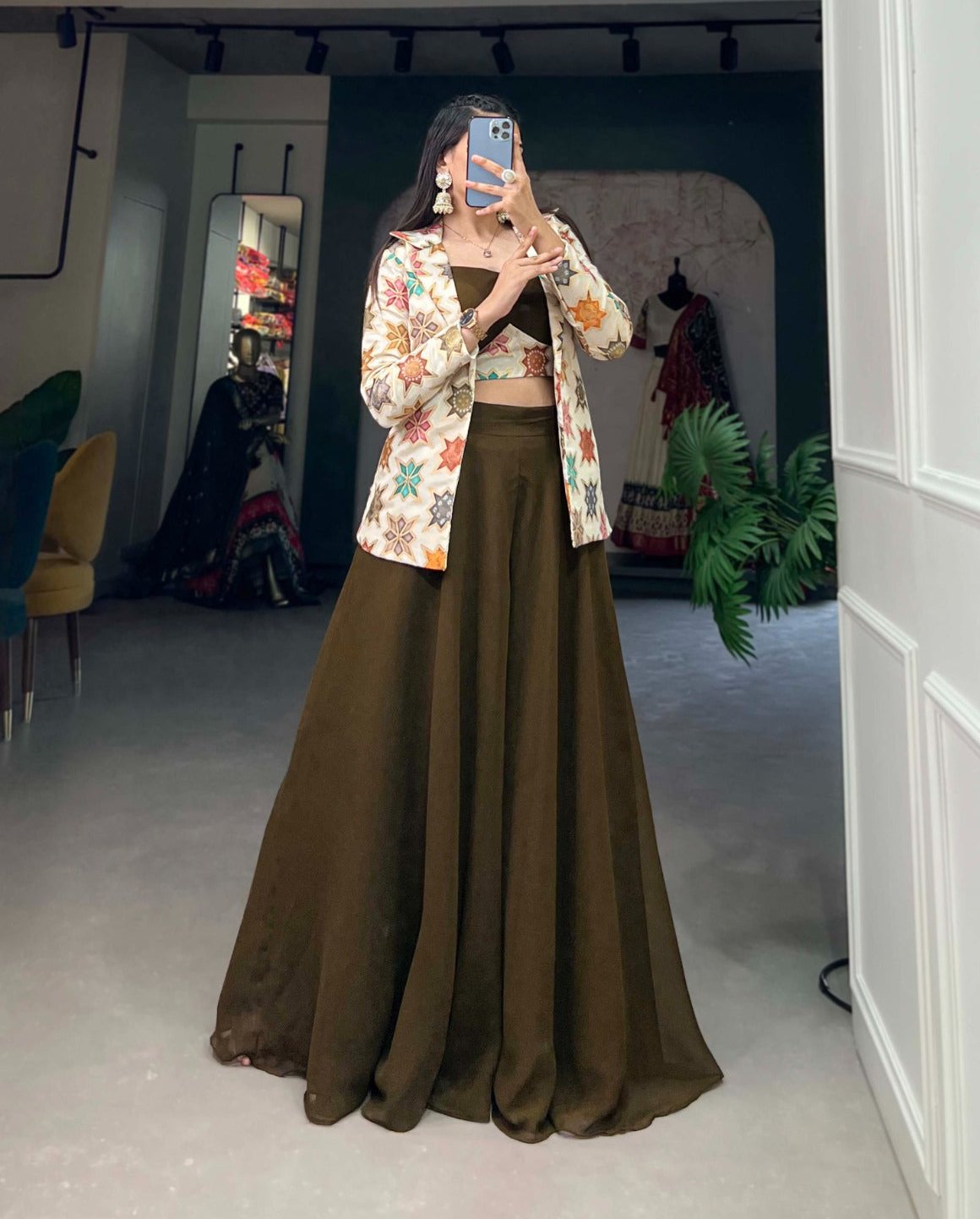 Breathtaking Mehendi Green Georgette Blouse Koti Palazzo Set - Ethnicwish