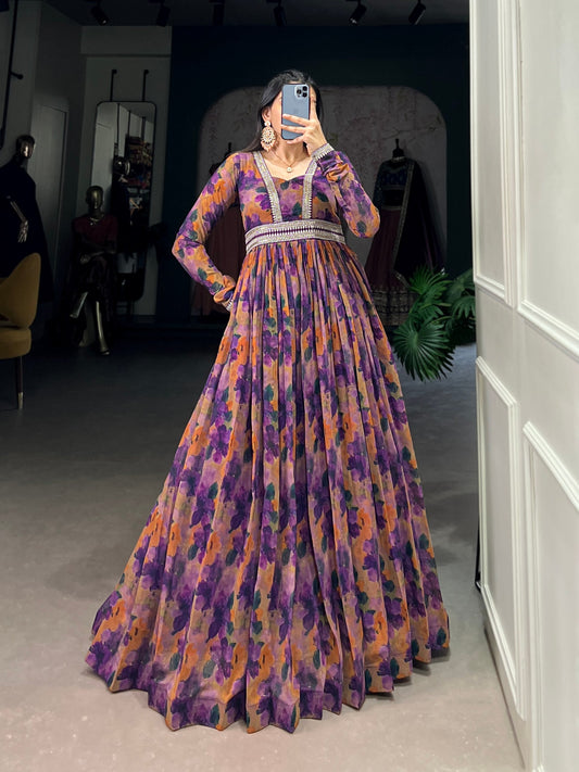 Fabulous Georgette Floral Printed Lace Border Worked Gown - ETHNICDEAL