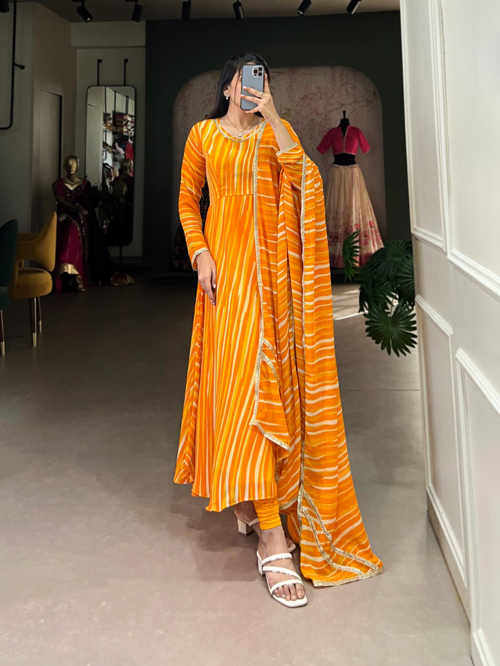 Spellbinding Georgette Leheriya Printed Stitched Designer Gown - Ethnicwish