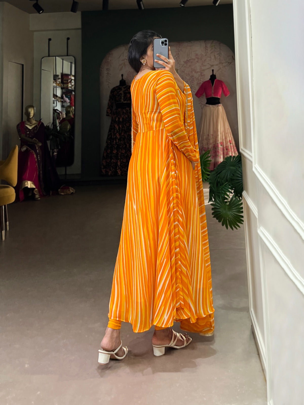 Spellbinding Georgette Leheriya Printed Stitched Designer Gown - Ethnicwish