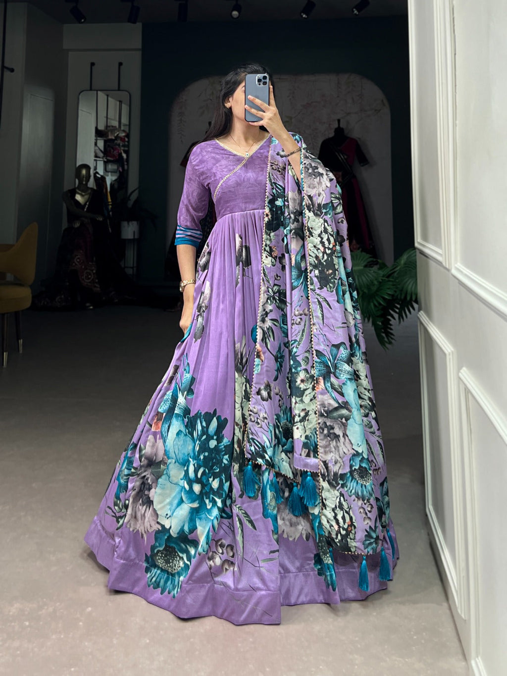 Exquisite Lavender Floral Printed Lace Worked Tussar Silk Gown - Ethnicwish