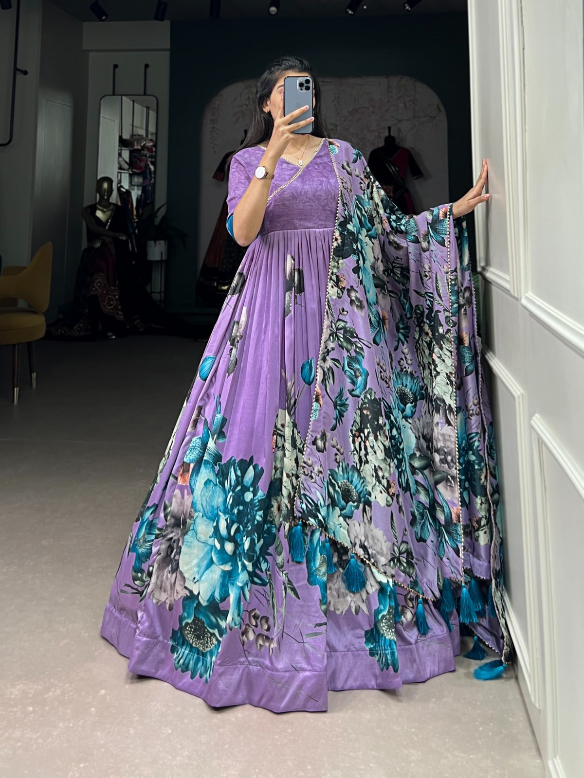 Exquisite Lavender Floral Printed Lace Worked Tussar Silk Gown - Ethnicwish