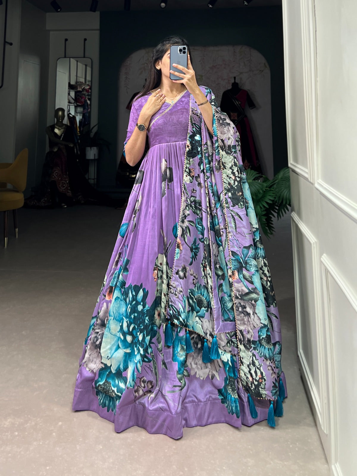 Exquisite Lavender Floral Printed Lace Worked Tussar Silk Gown - Ethnicwish