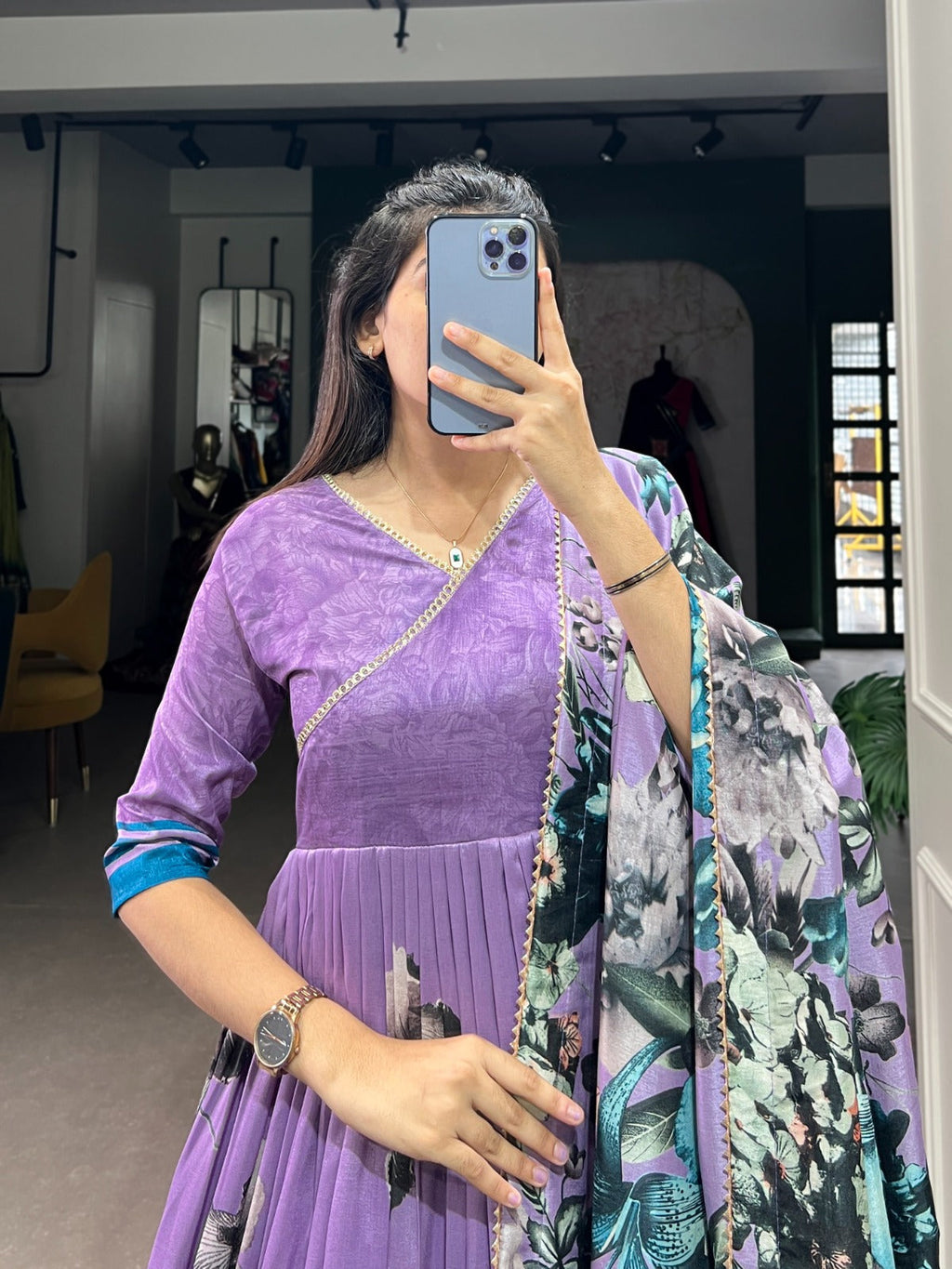 Exquisite Lavender Floral Printed Lace Worked Tussar Silk Gown - Ethnicwish