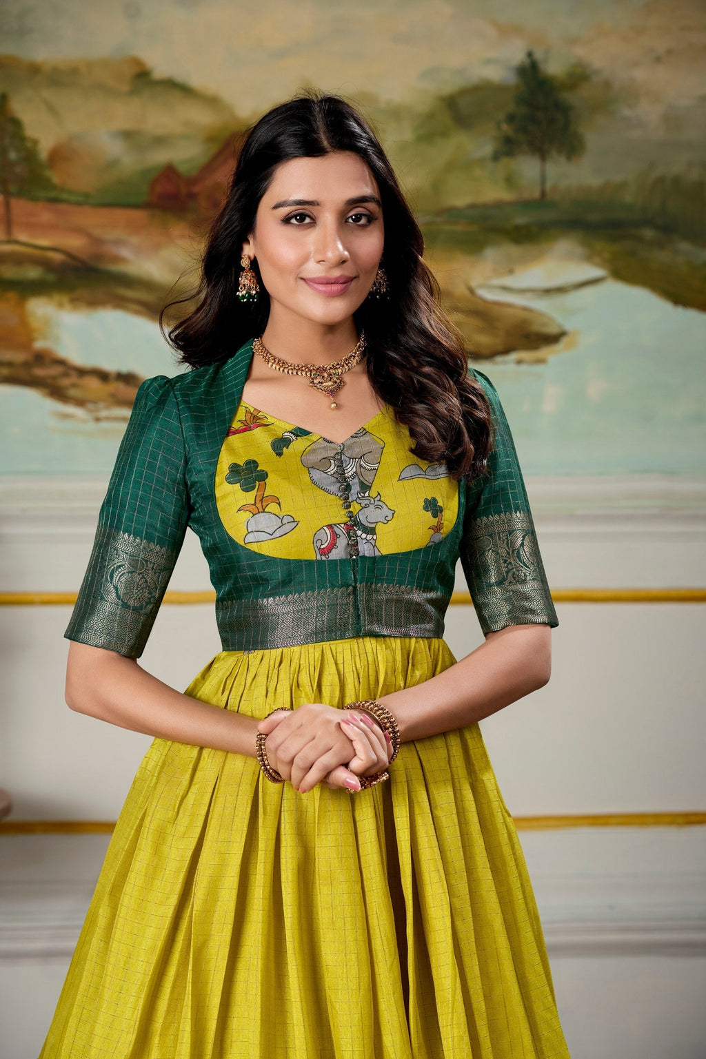 Radiant Dola Silk Kalamkari Printed Gown With Koti - ETHNICDEAL