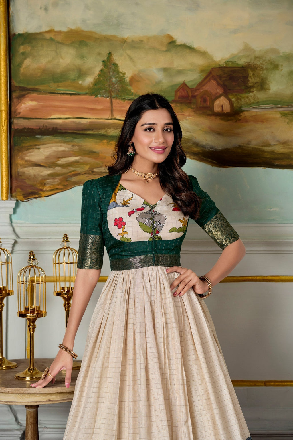 Radiant Dola Silk Kalamkari Printed Gown With Koti - ETHNICDEAL