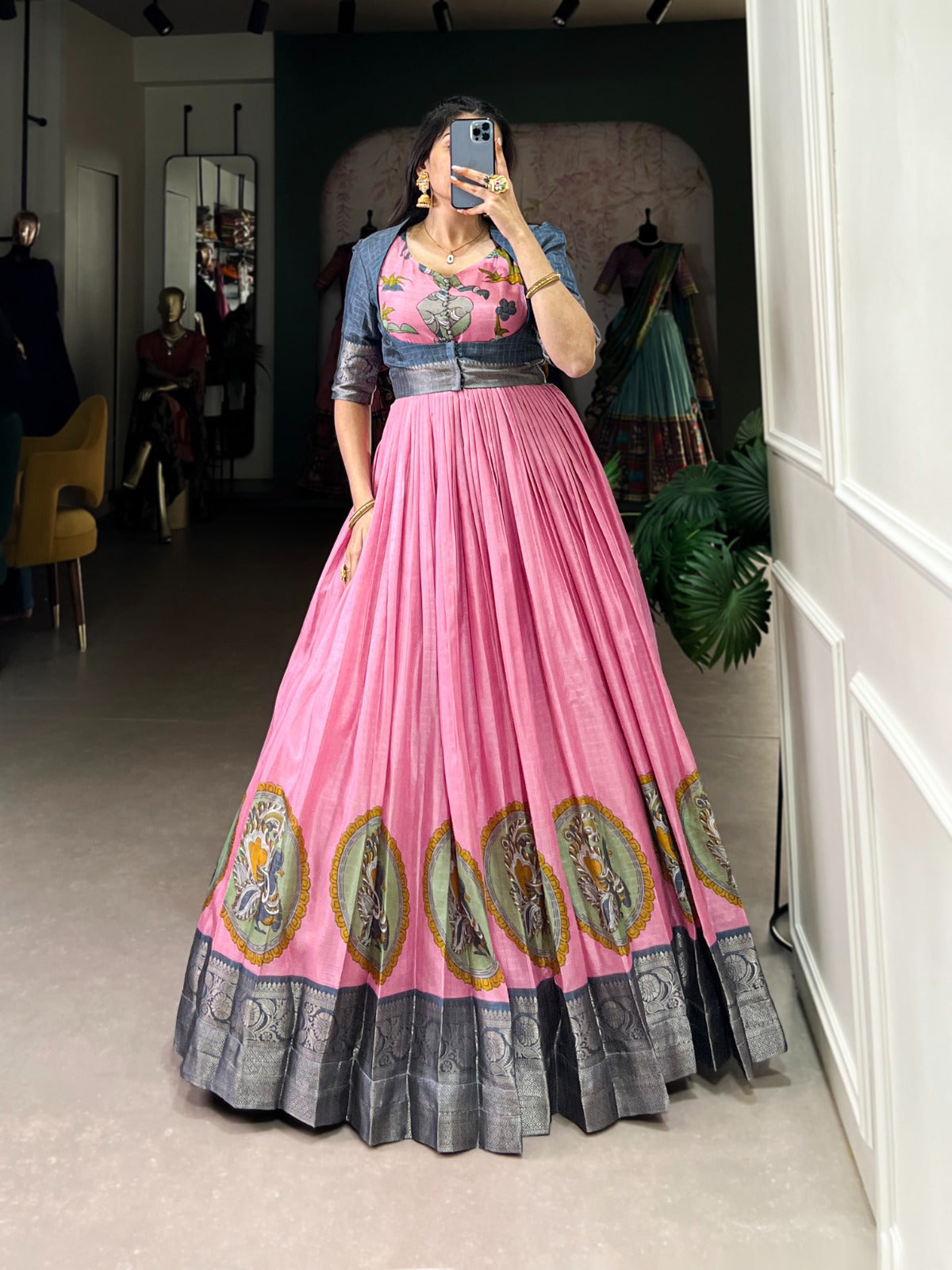 Radiant Dola Silk Kalamkari Printed Gown With Koti - Ethnicwish