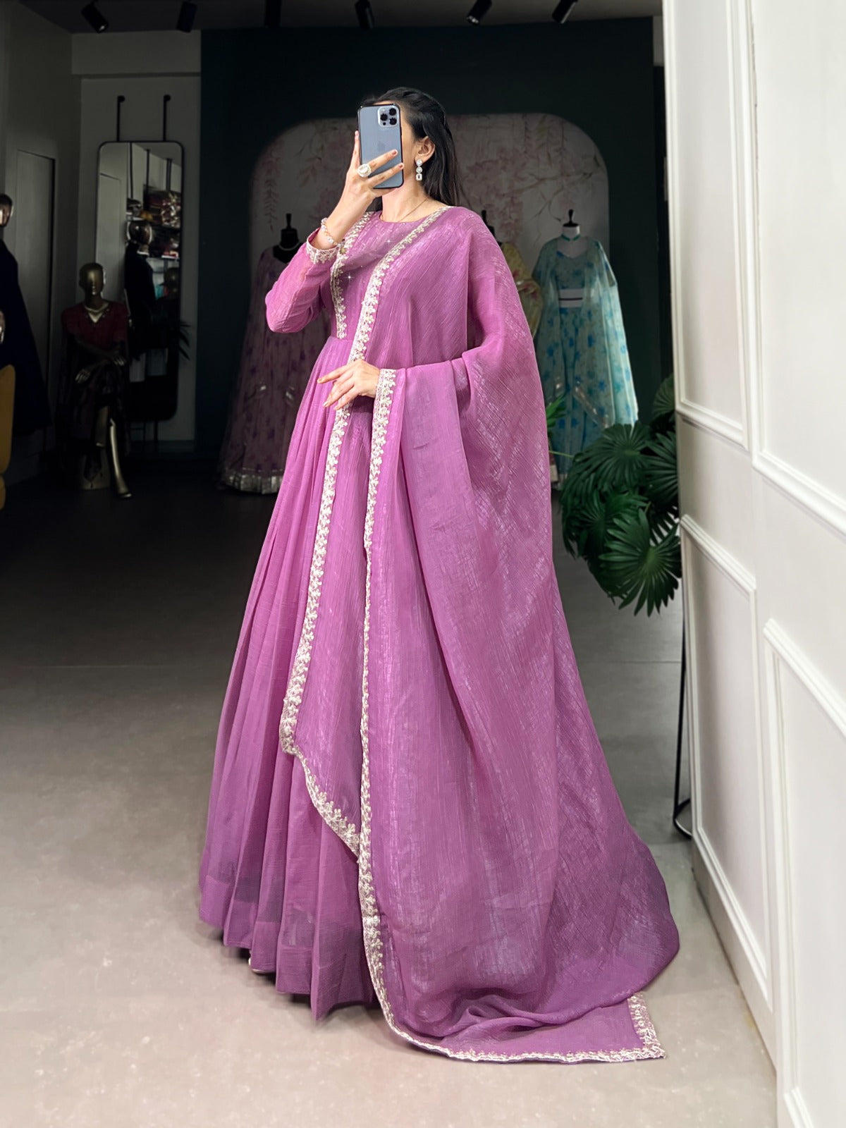 Magnificent Silver Glory Sequins Thread Worked Gown With Dupatta - ETHNICDEAL