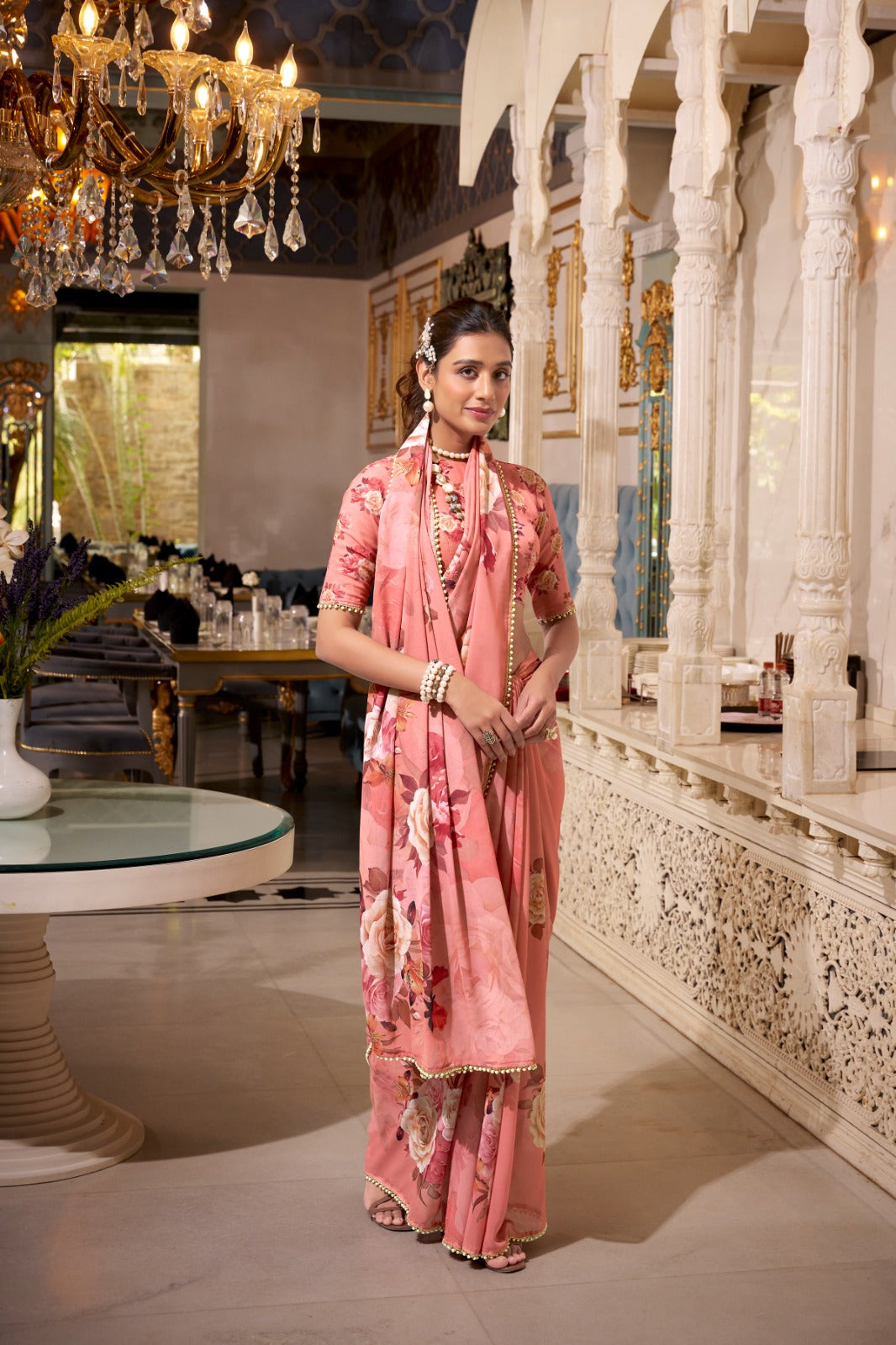 Stunning Georgette Floral Printed Pearl Lace Border Worked Saree - ETHNICDEAL