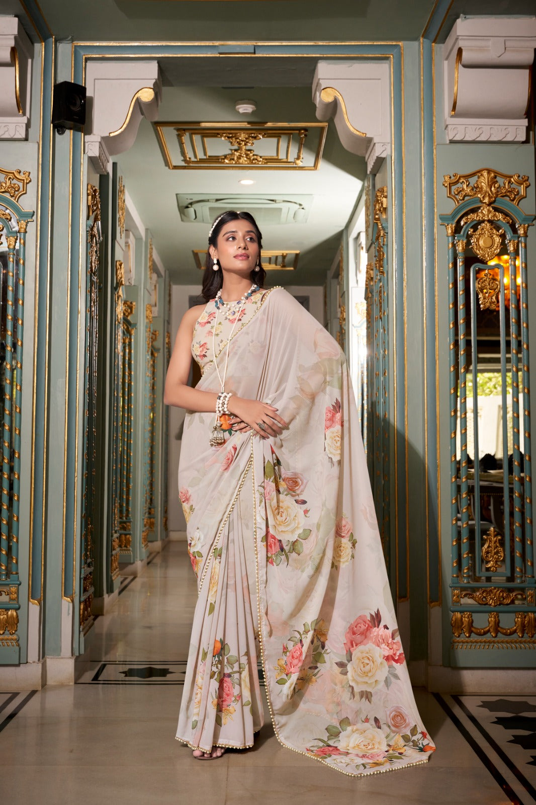 Stunning Georgette Floral Printed Pearl Lace Border Worked Saree - ETHNICDEAL