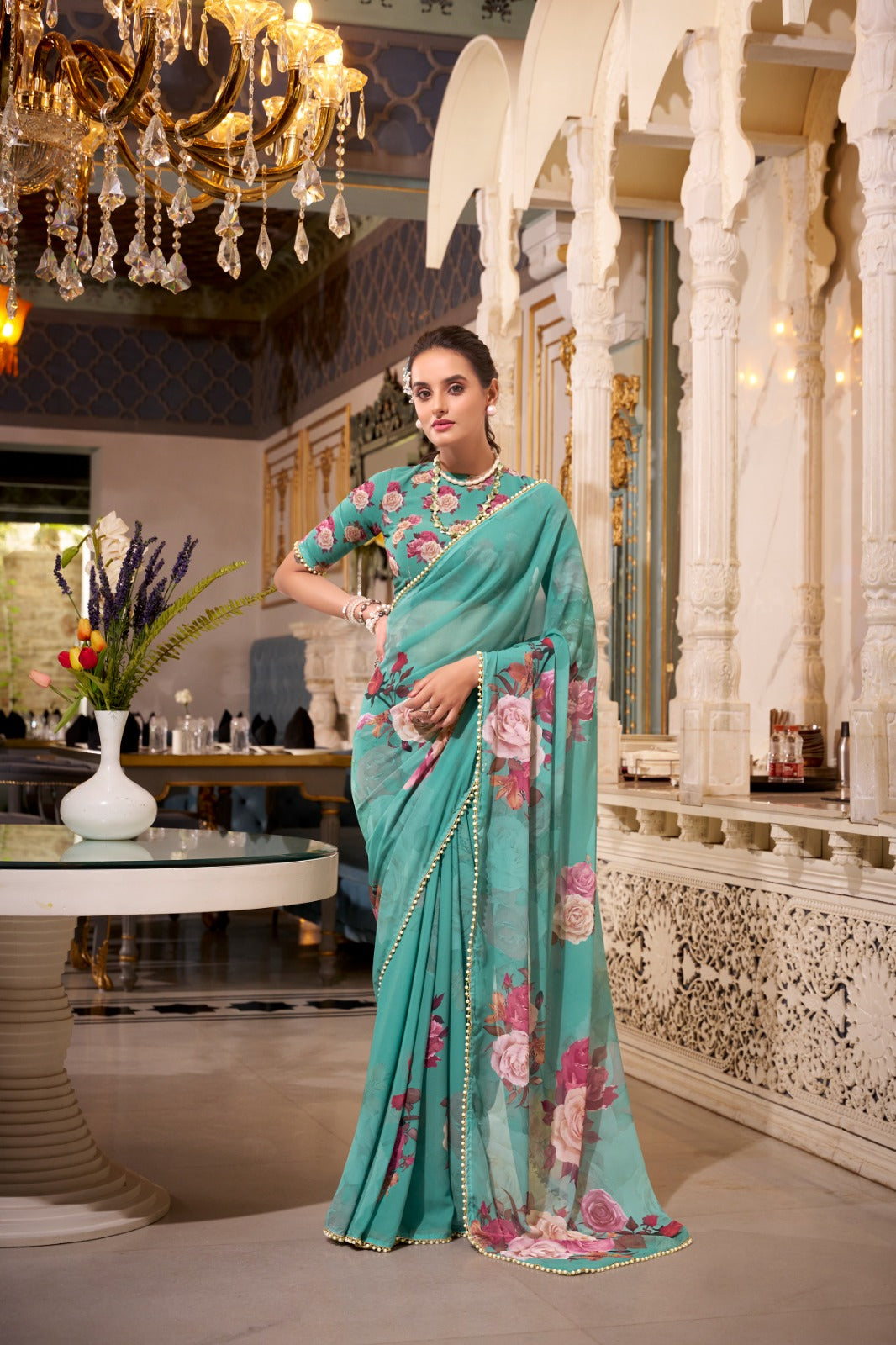 Stunning Georgette Floral Printed Pearl Lace Border Worked Saree - ETHNICDEAL