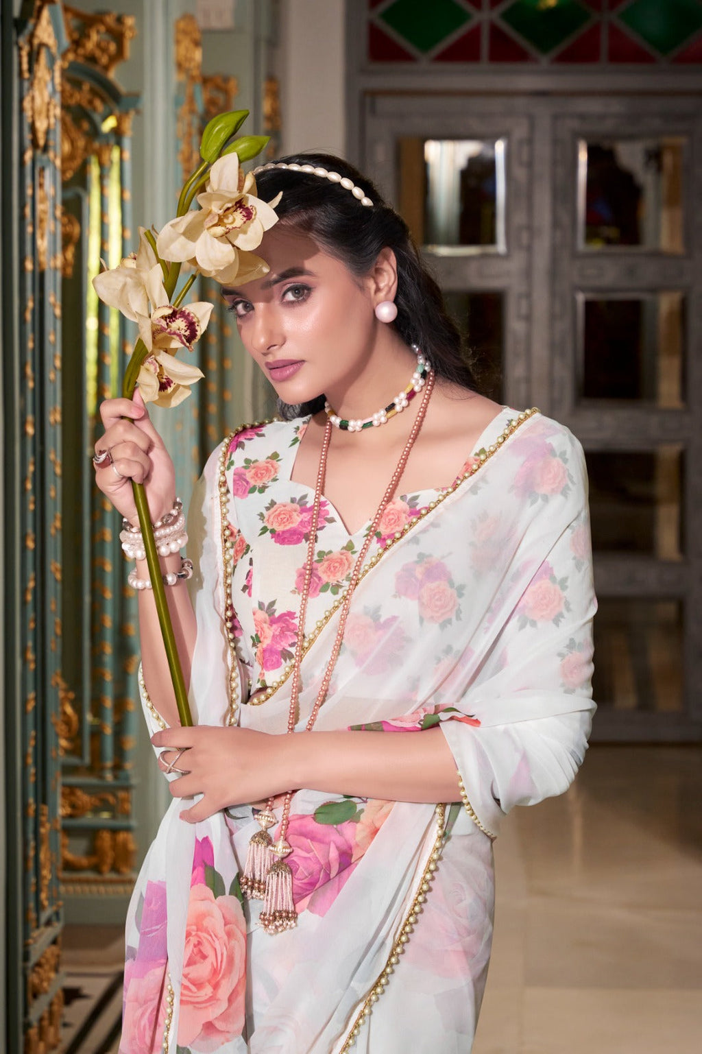 Stunning Georgette Floral Printed Pearl Lace Border Worked Saree - ETHNICDEAL