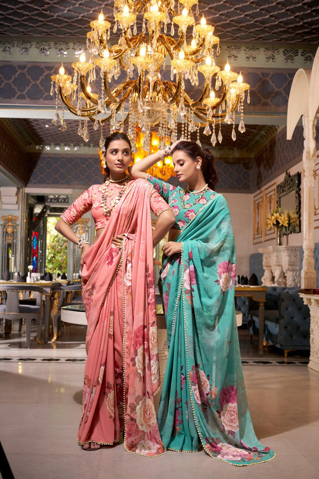 Stunning Georgette Floral Printed Pearl Lace Border Worked Saree - ETHNICDEAL