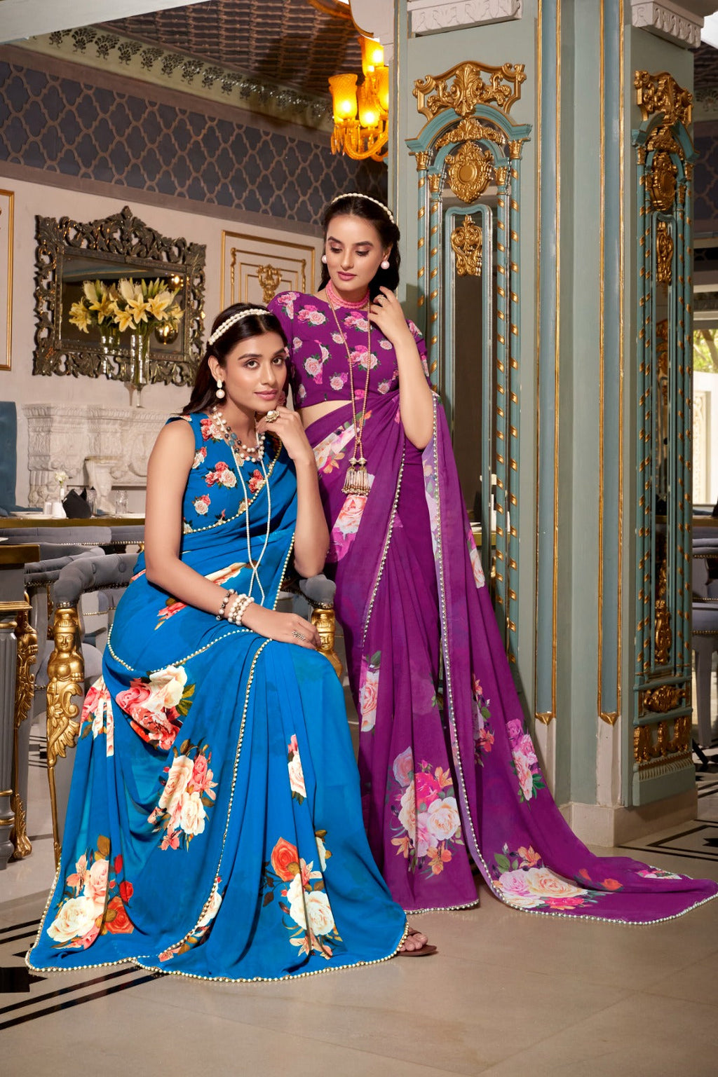 Stunning Georgette Floral Printed Pearl Lace Border Worked Saree - ETHNICDEAL